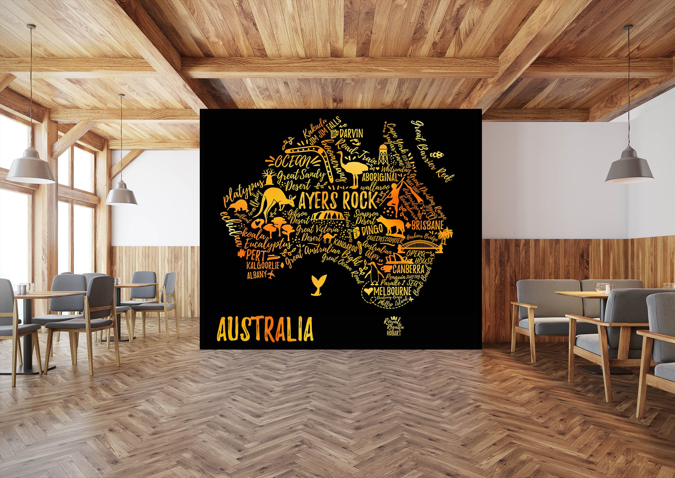 3D Golden Kangaroo 2064 World Map Wall Murals