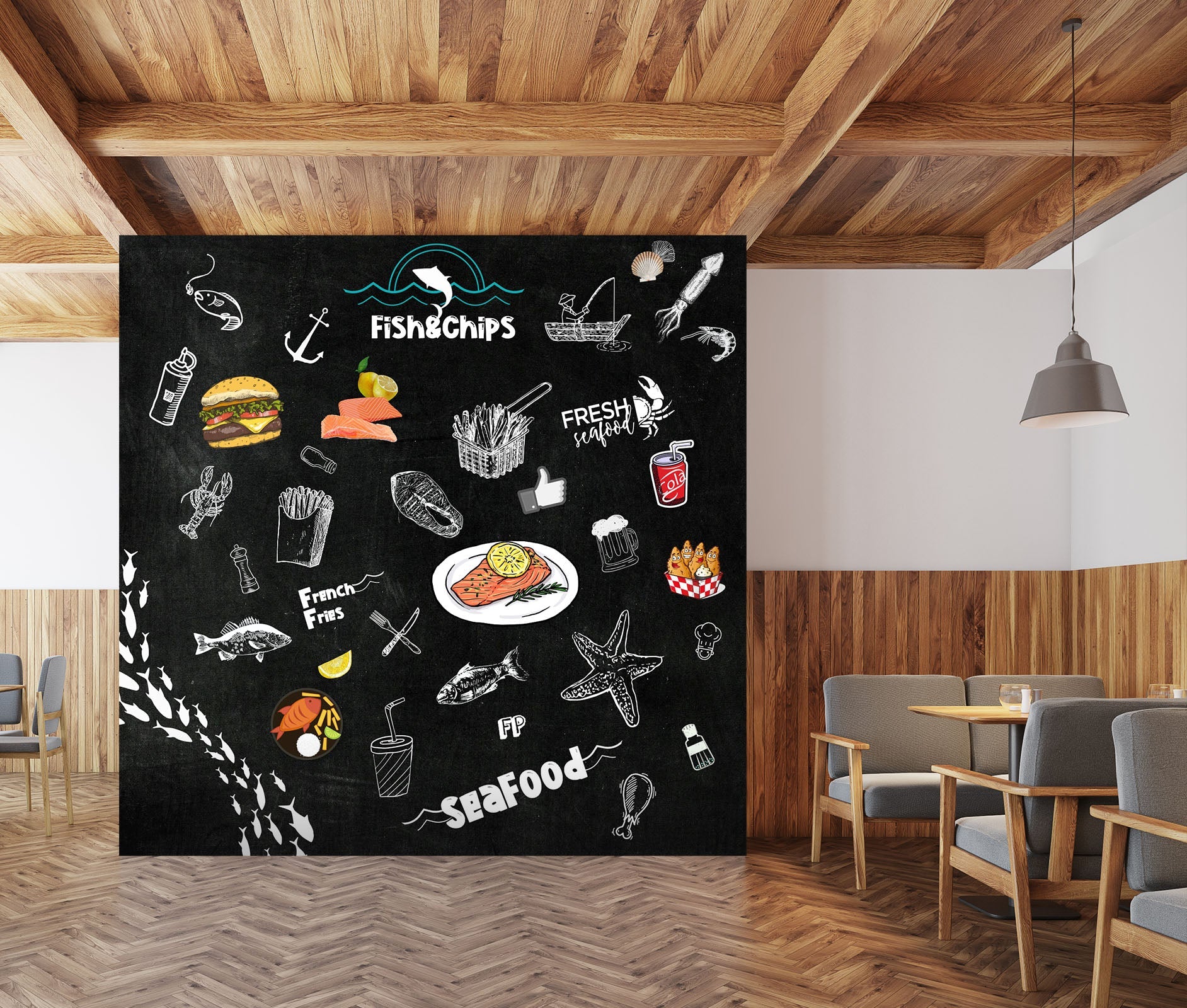 3D stylish blackboard fish chips 01 Wall Murals Wallpaper AJ Wallpaper 2
