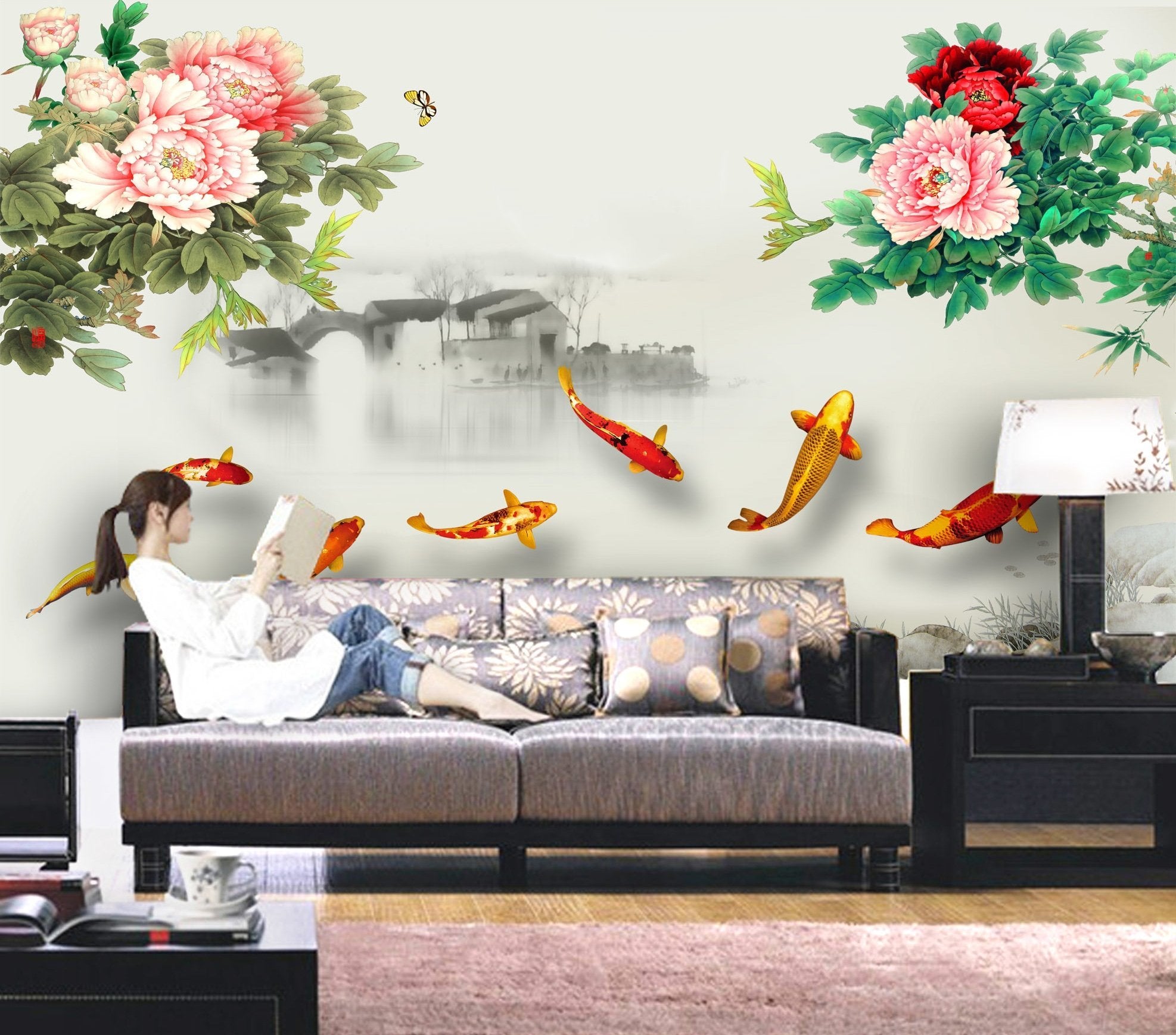 3D Ink Painting Flower Fish 314 Wallpaper AJ Wallpaper