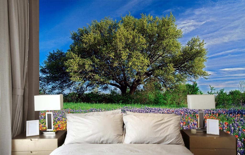 Flowers Field Tree Wallpaper AJ Wallpaper