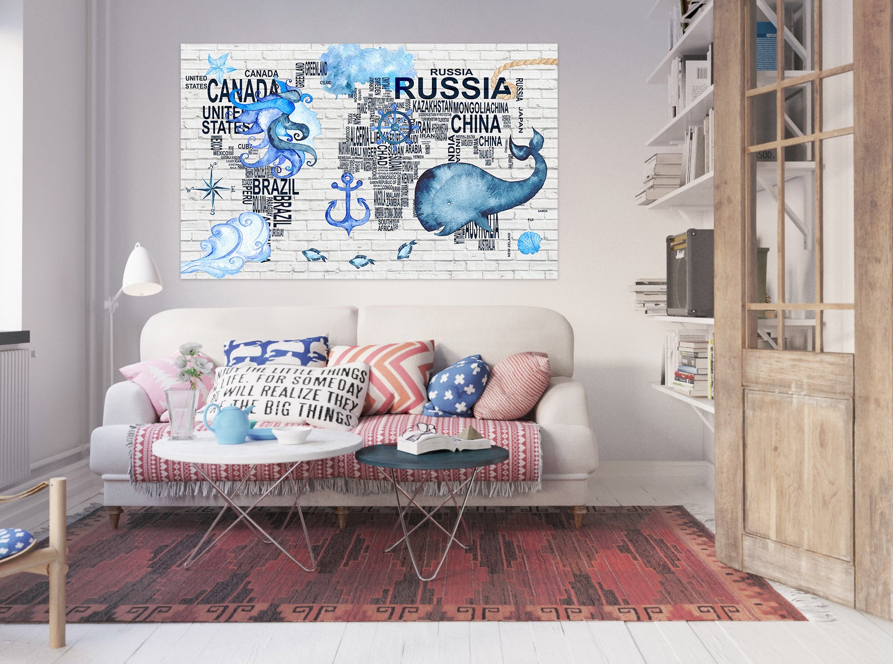 3D Blue Whale 116 World Map Wall Sticker