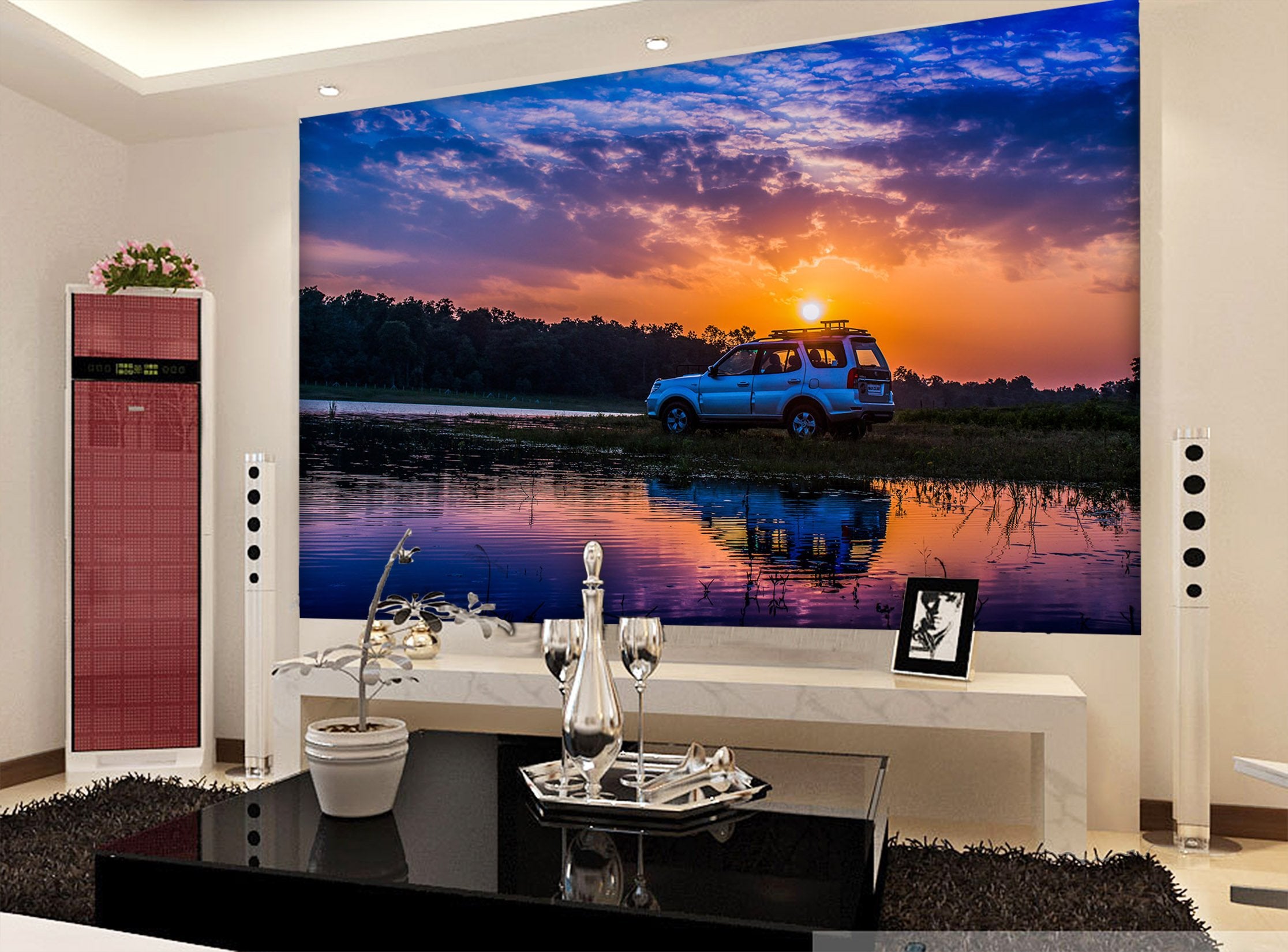 3D Lake Sunset Car 939 Vehicle Wall Murals Wallpaper AJ Wallpaper 2