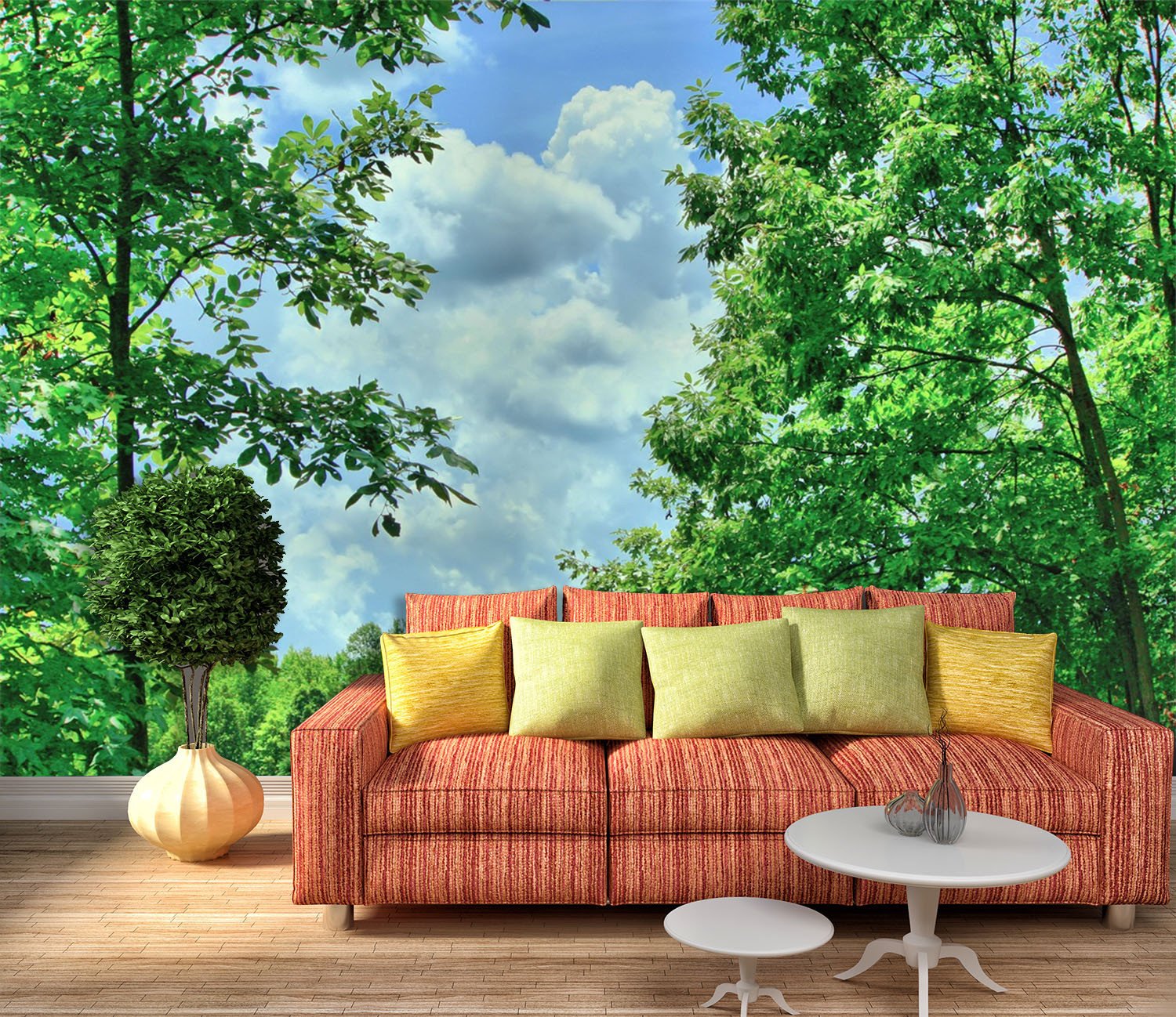 3D Green Tree Sky Blue 028 Wallpaper AJ Wallpaper