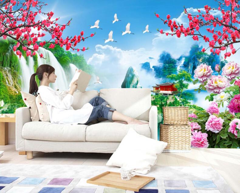 3D Mountain Waterfall Plum Blossom Wallpaper AJ Wallpaper 1