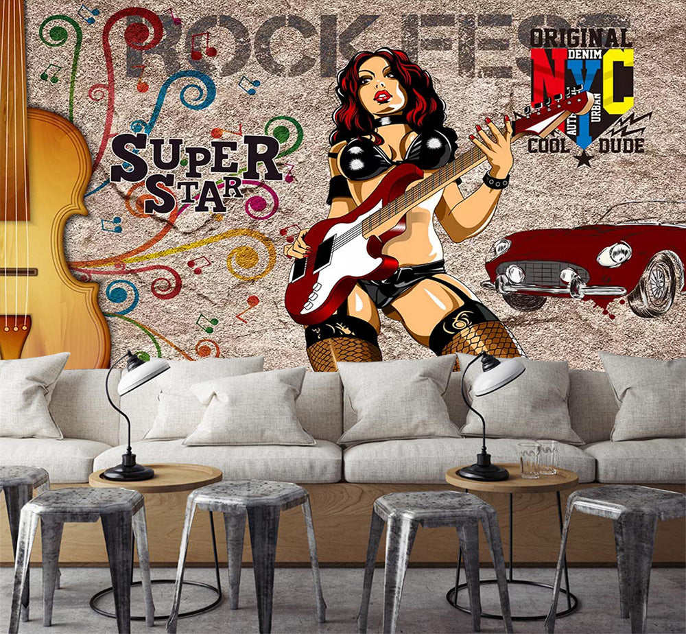 3D Guitar Woman Car WC677 Wall Murals