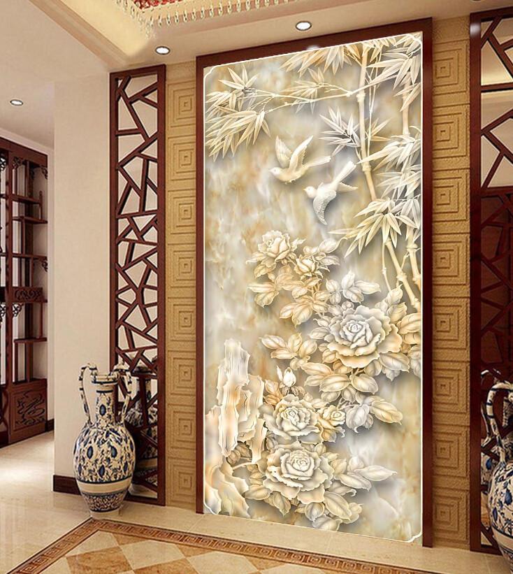 Carving Birds And Bamboo And Beautiful Flowers Porch Wallpaper AJ Wallpaper 1