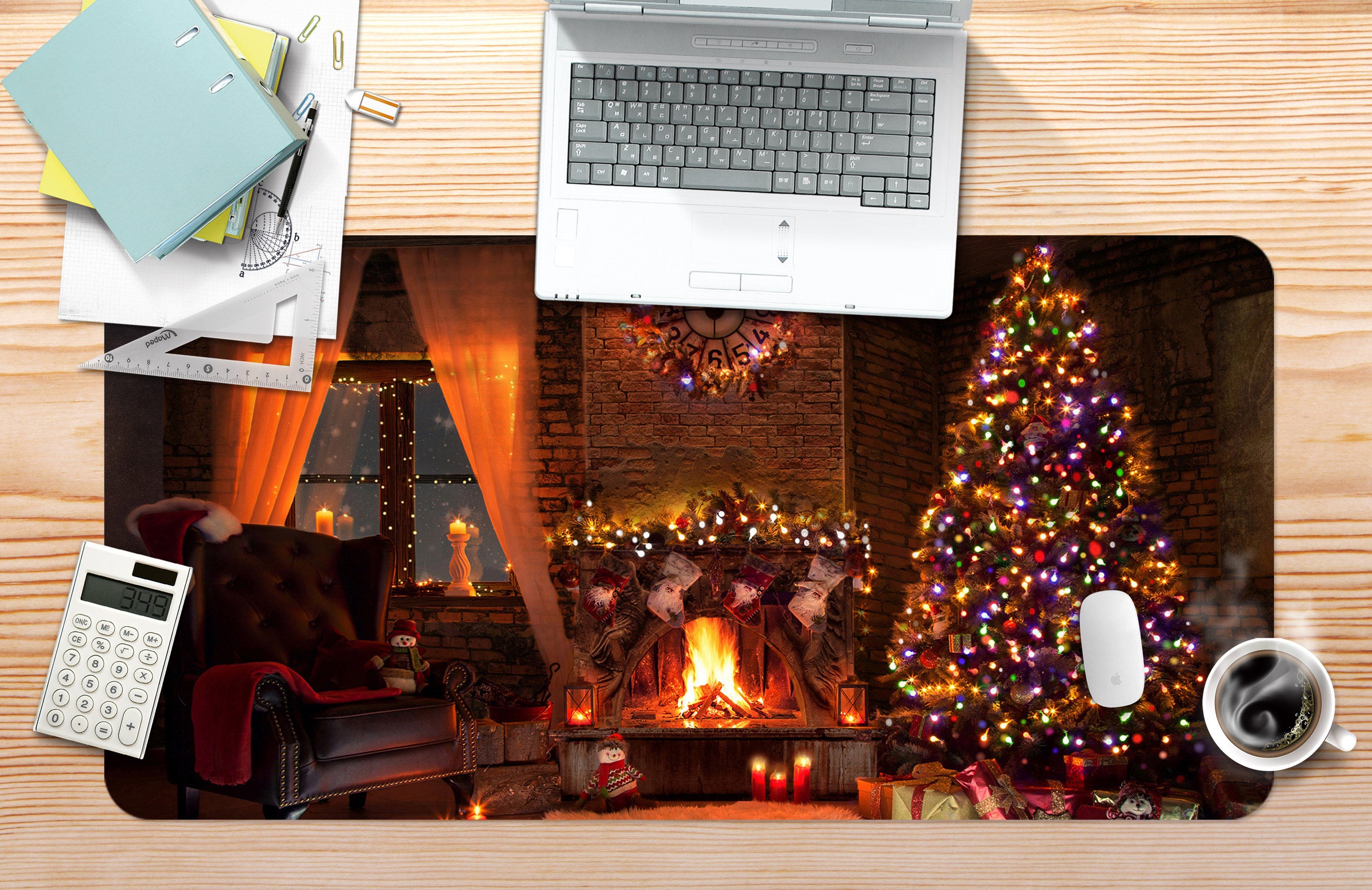 3D Window Fireplace Tree 53248 Christmas Desk Mat Xmas
