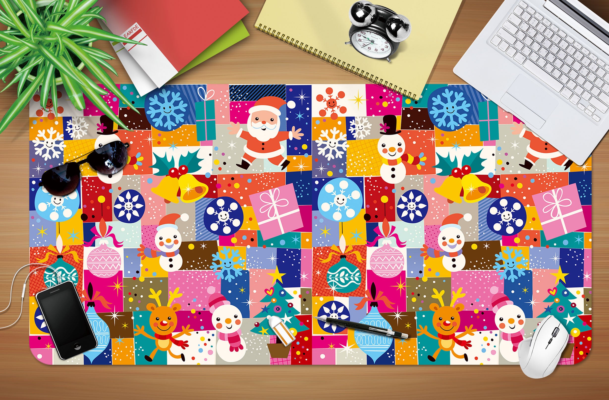 3D Snowflake Santa Claus Colorful Squares 53164 Christmas Desk Mat Xmas