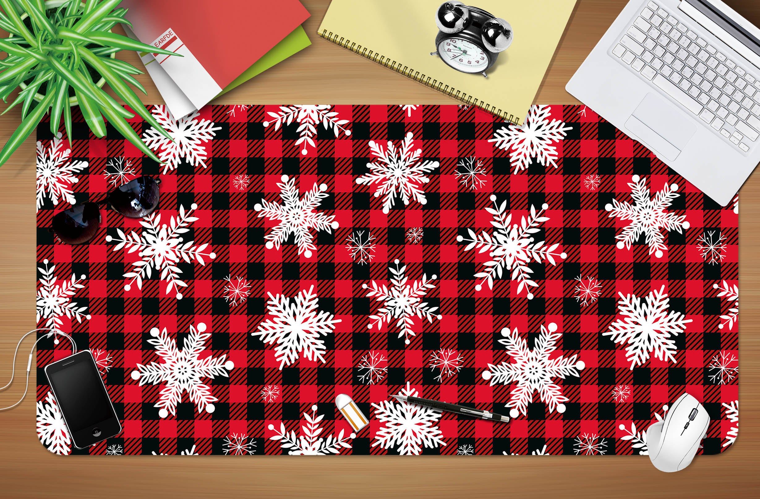 3D Snowflake Red Black Grid 53237 Christmas Desk Mat Xmas