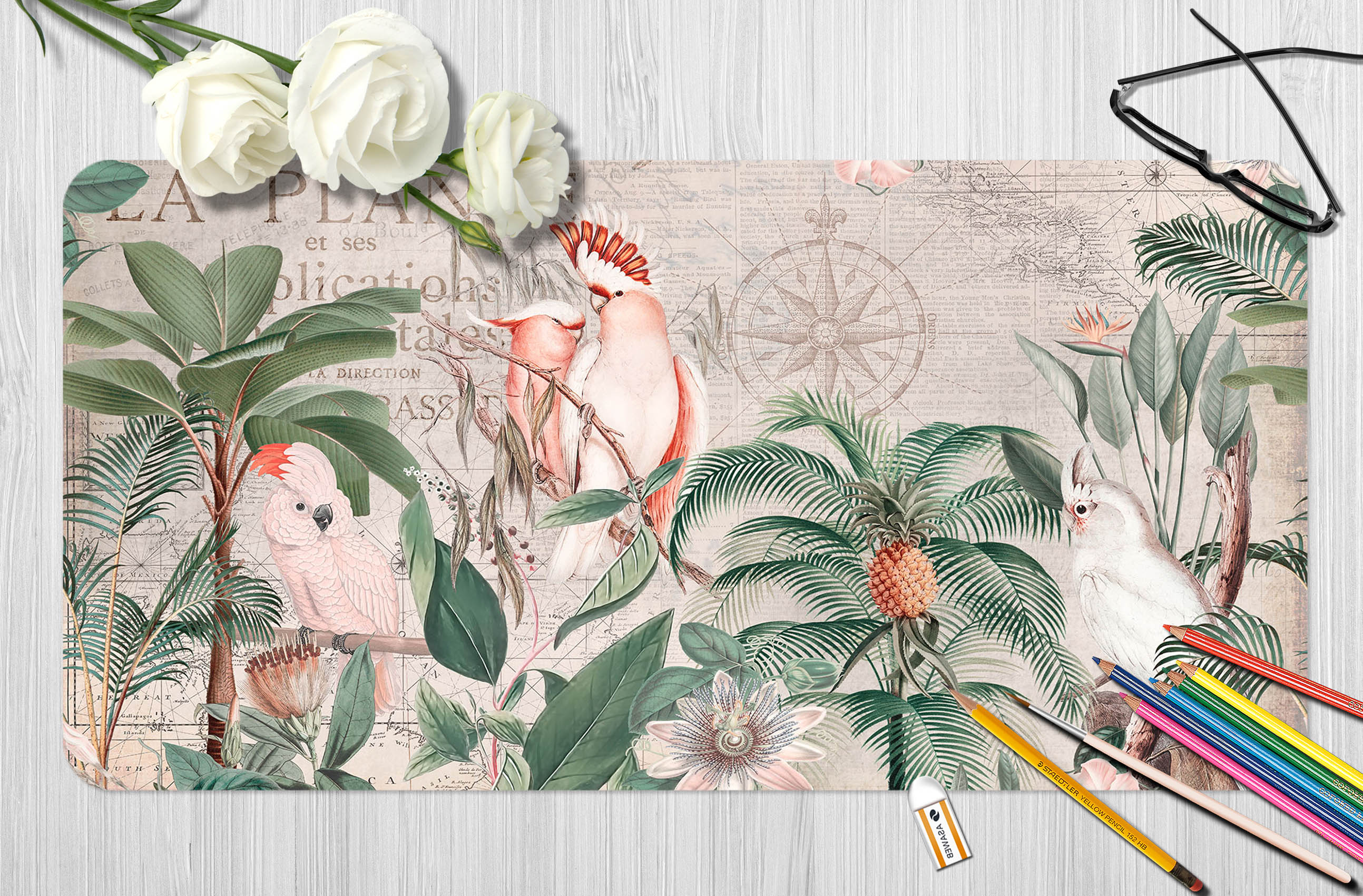 3D Pink Parrot Leaves 5242 Andrea Haase Desk Mat