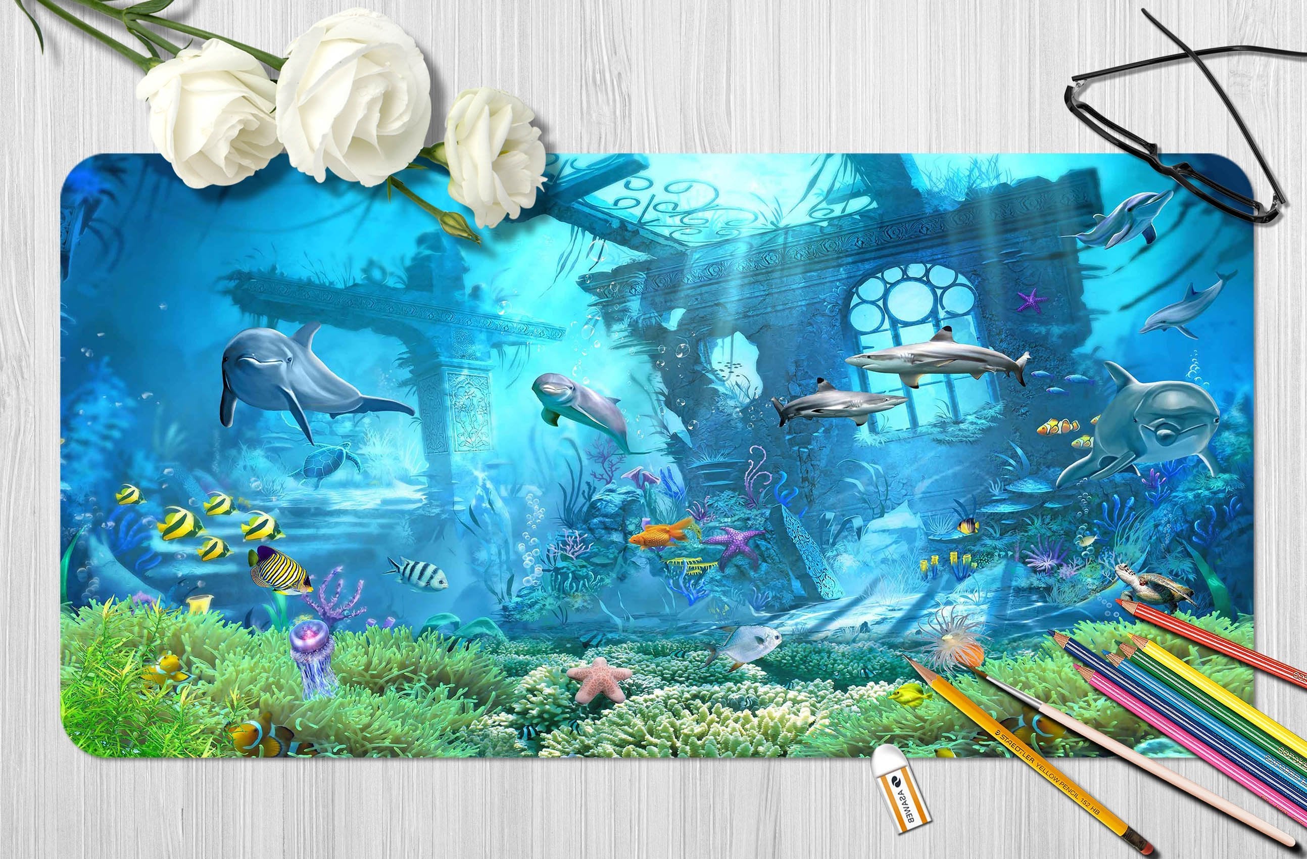 3D Underwater Dolphins 010 Desk Mat Mat AJ Creativity Home