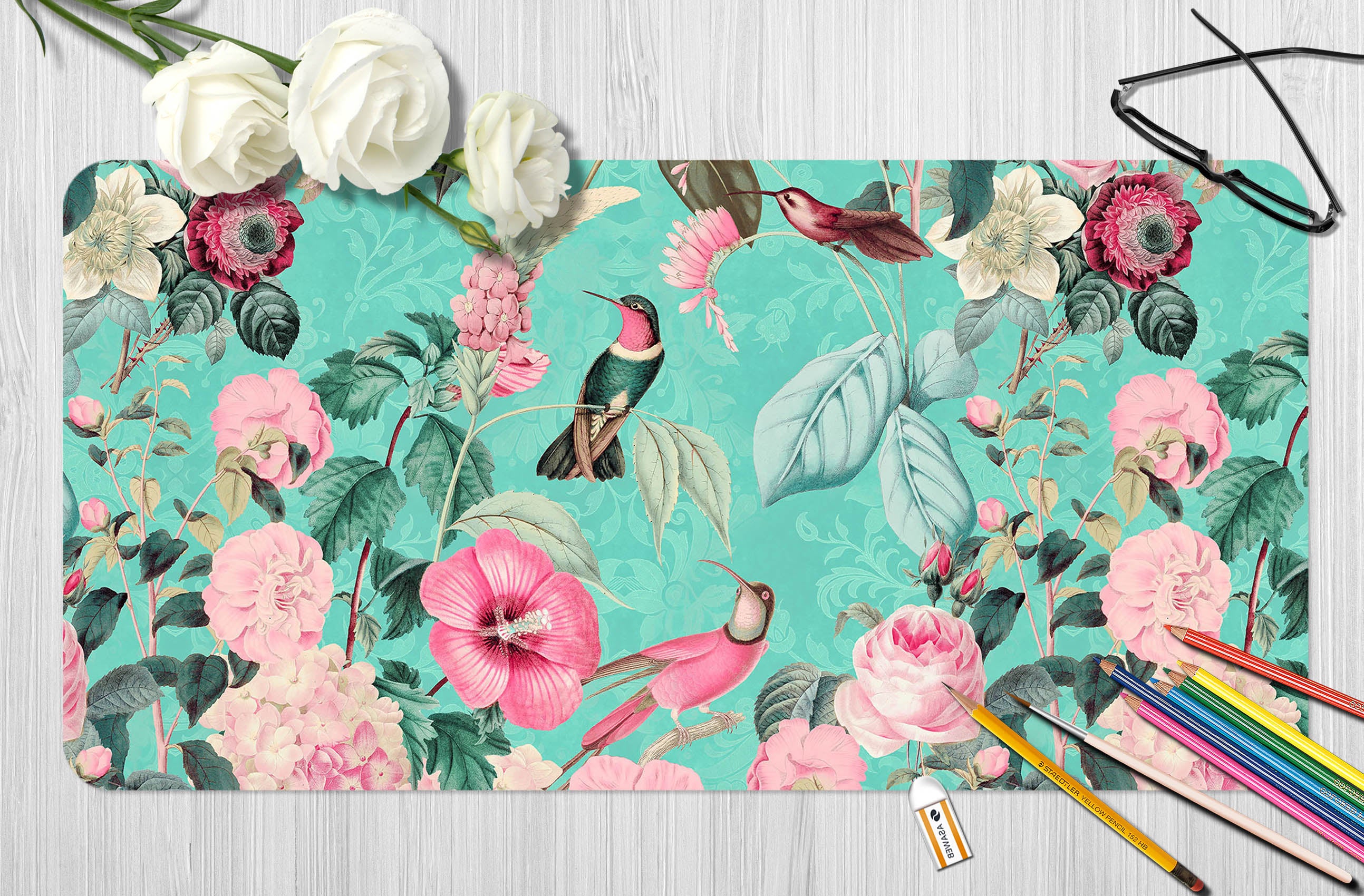 3D Pink Flower Bird 5221 Andrea Haase Desk Mat