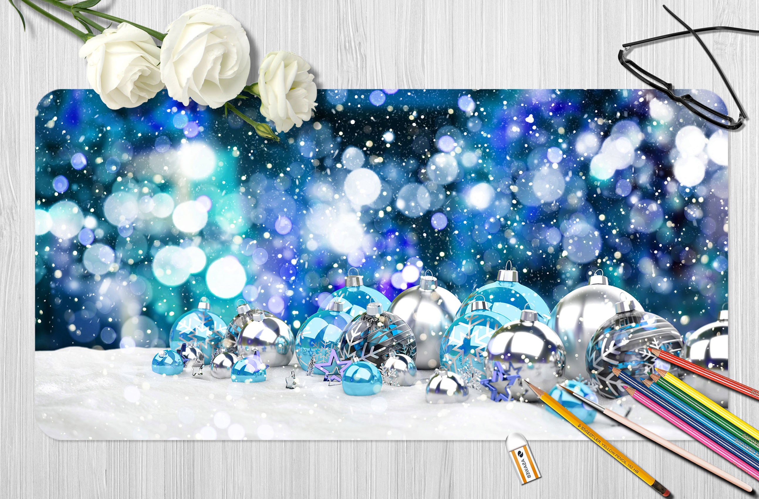 3D Silver Blue Ball 53198 Christmas Desk Mat Xmas