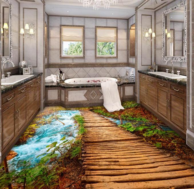 3D Stream Wood Bridge Floor Mural Wallpaper AJ Wallpaper 2