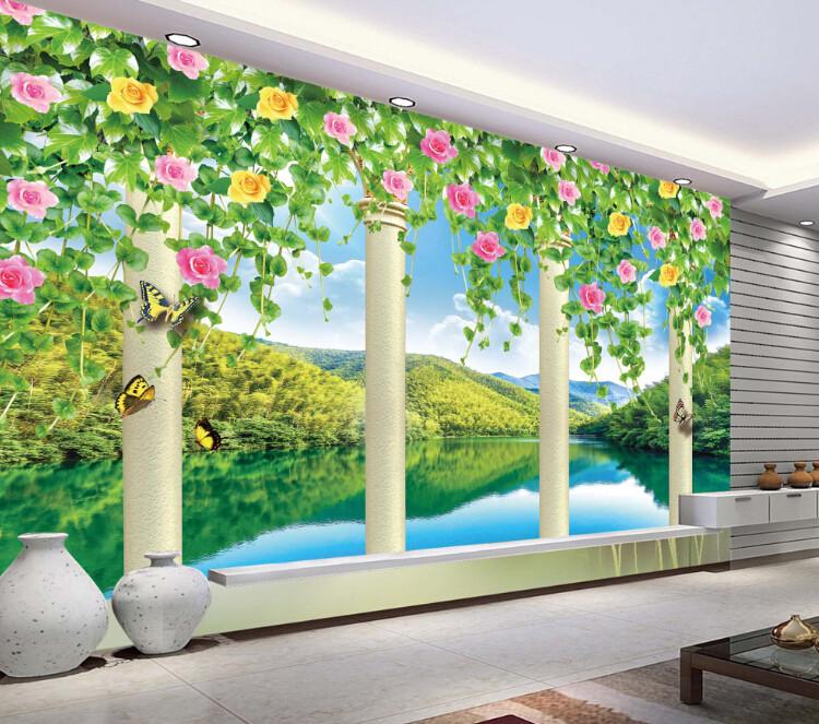 3D Green Lake And Flowers Wallpaper AJ Wallpaper 1