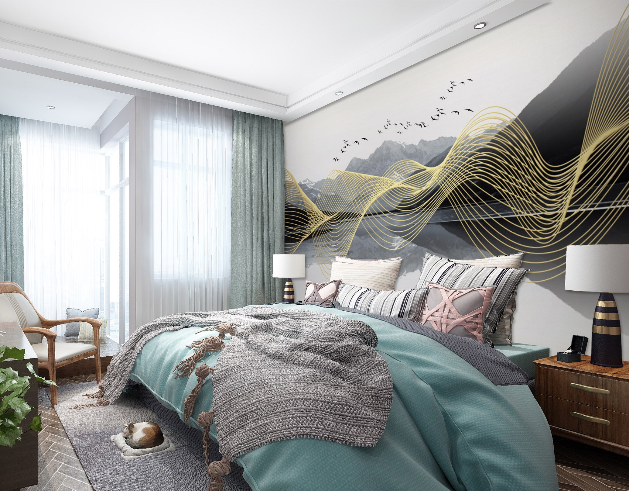 3D Golden Wave 1644 Wall Murals