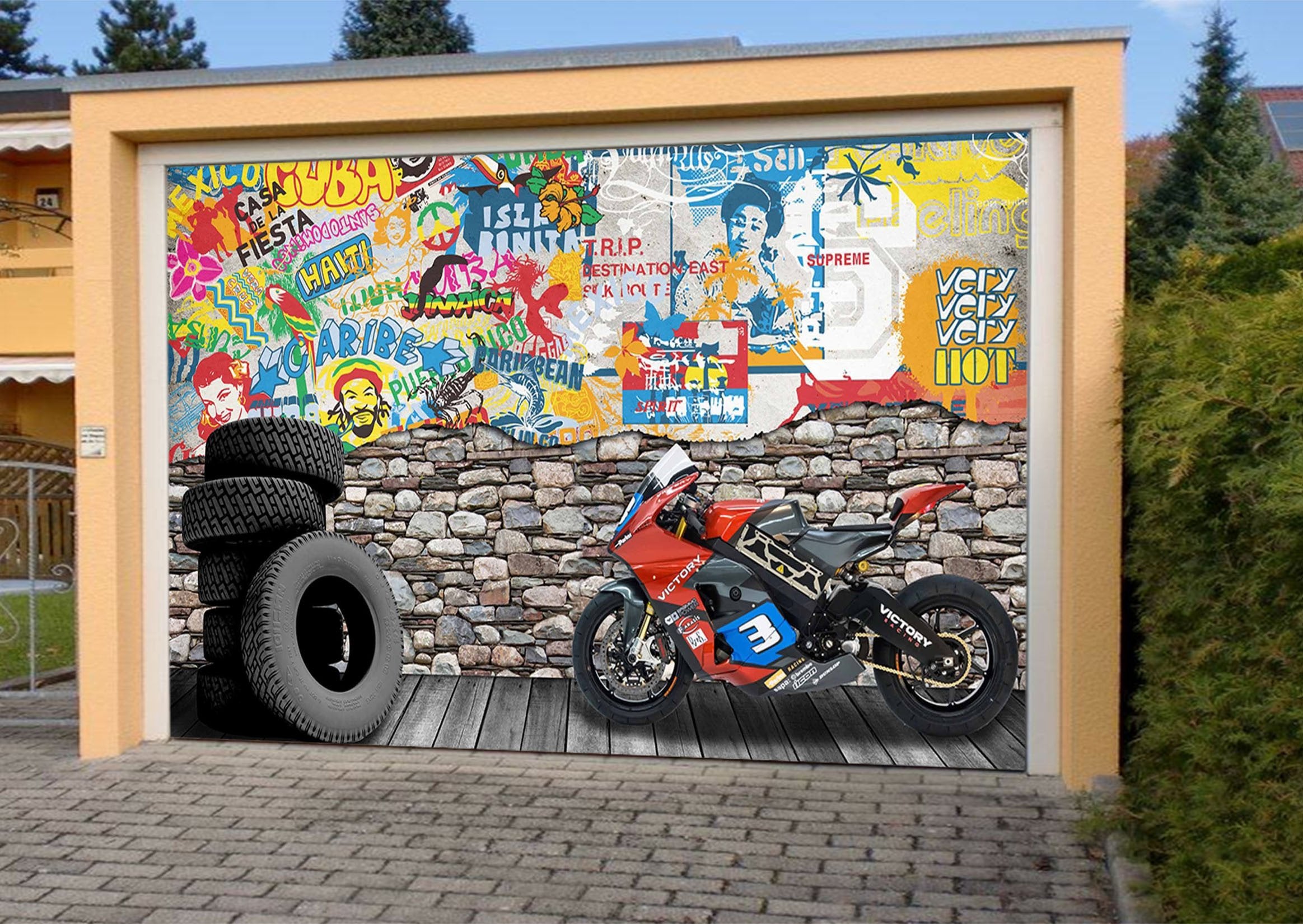 3D Motorcycle Graffiti Tires 387 Garage Door Mural Wallpaper AJ Wallpaper