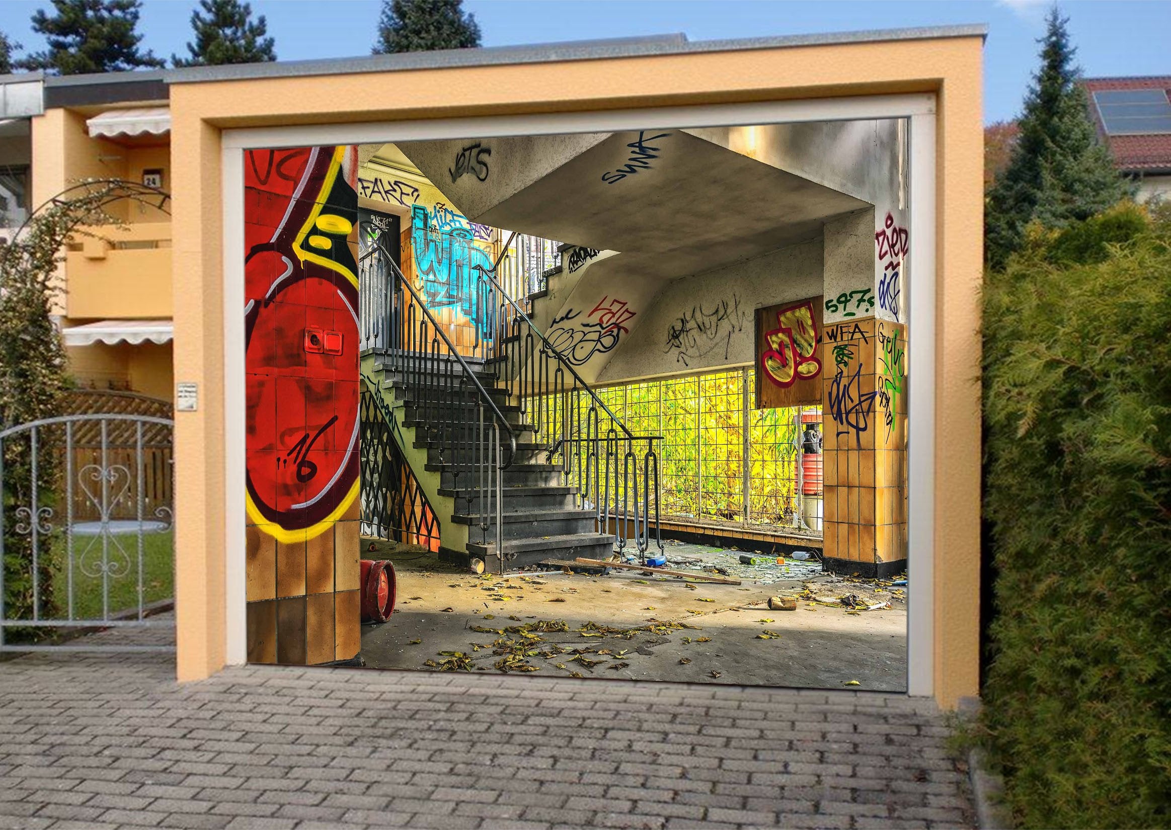 3D Graffiti Building 91 Garage Door Mural Wallpaper AJ Wallpaper