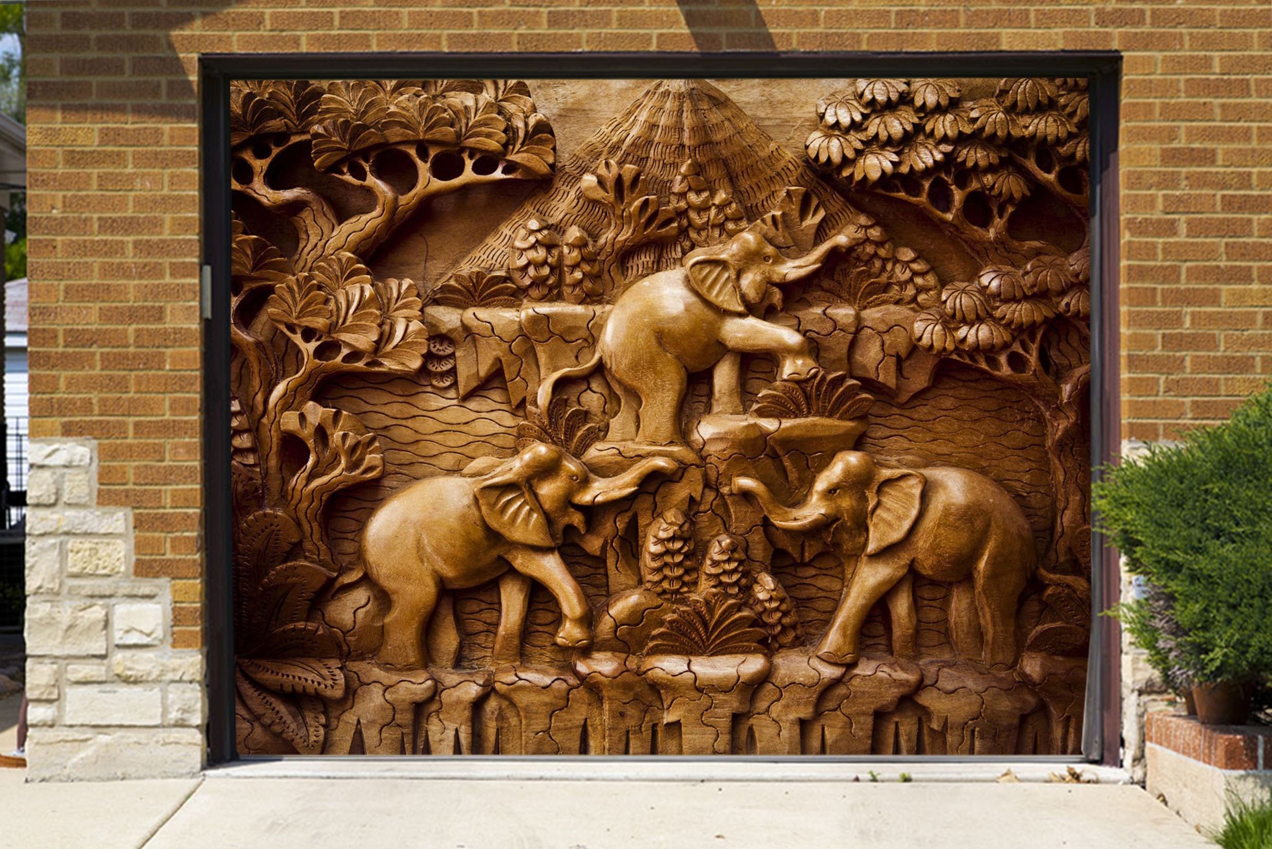 3D Elephants Wood Carvings 427 Garage Door Mural Wallpaper AJ Wallpaper