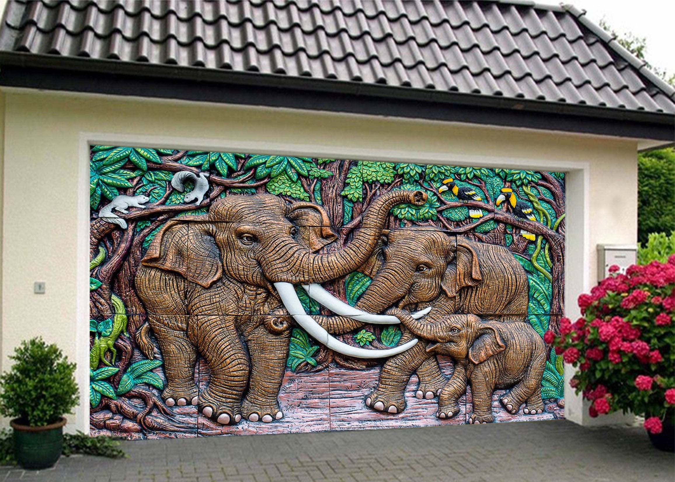 3D Elephants Family 425 Garage Door Mural Wallpaper AJ Wallpaper