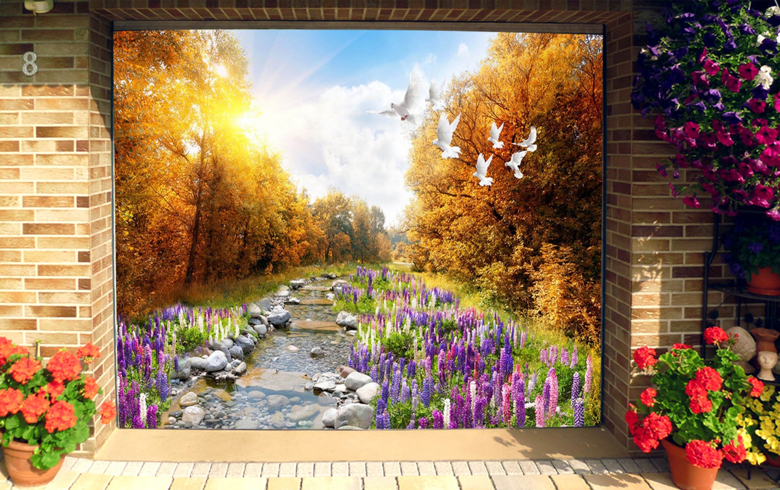 3D River Flowers Birds 56 Garage Door Mural Wallpaper AJ Wallpaper