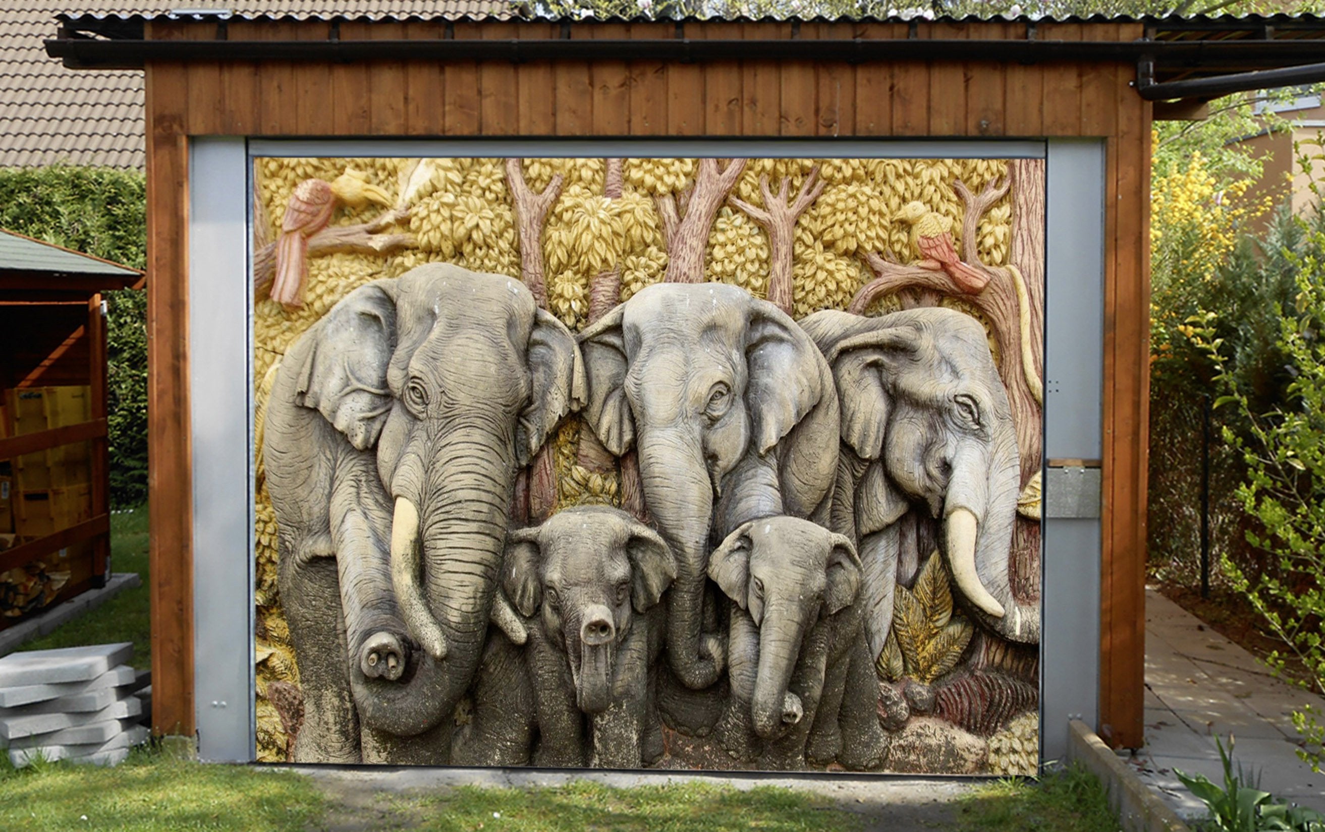 3D Elephants Carvings 392 Garage Door Mural Wallpaper AJ Wallpaper