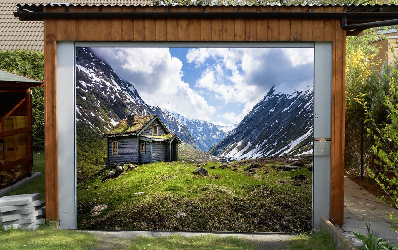 3D Snow Mountain Wood Cottage 209 Garage Door Mural Wallpaper AJ Wallpaper