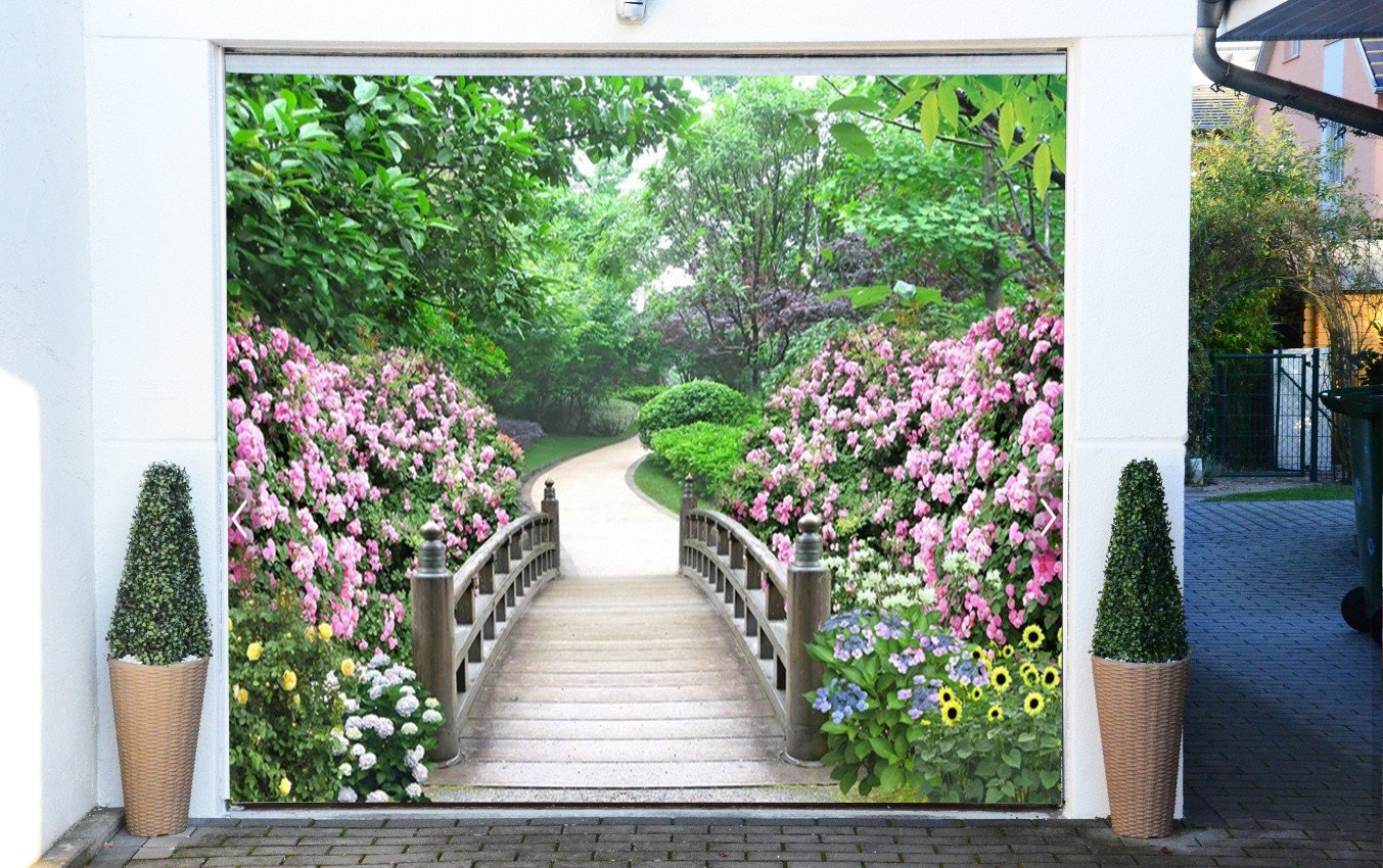 3D Wood Bridge Flowers 318 Garage Door Mural Wallpaper AJ Wallpaper