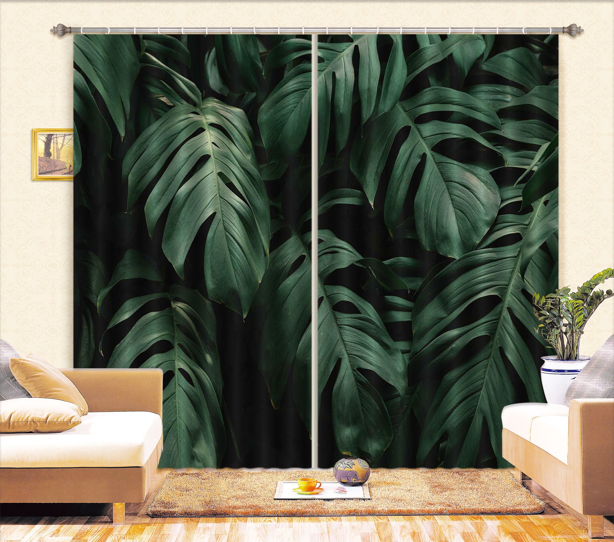 3D Green Leaf 714 Curtains Drapes