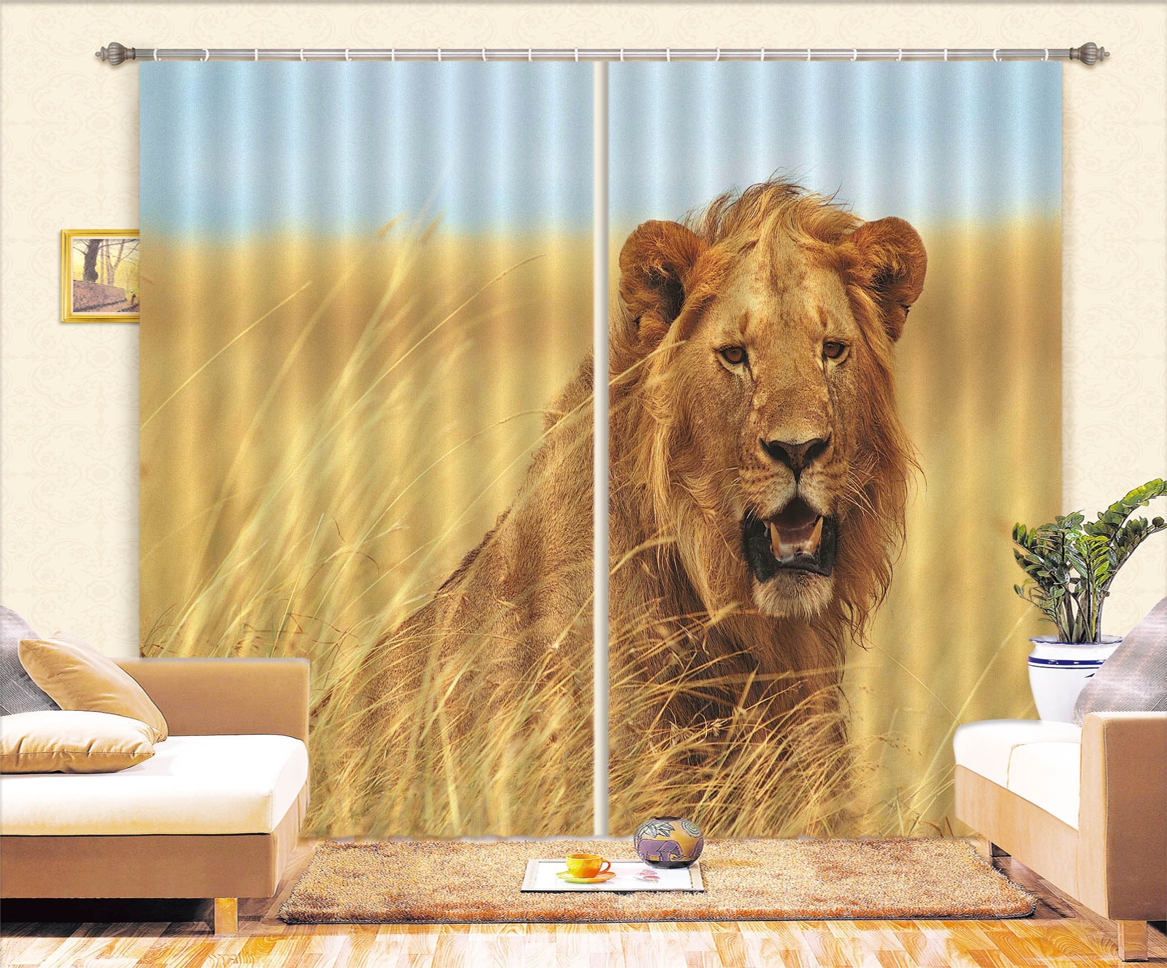 3D Grassland Lion Curtains Drapes Wallpaper AJ Wallpaper