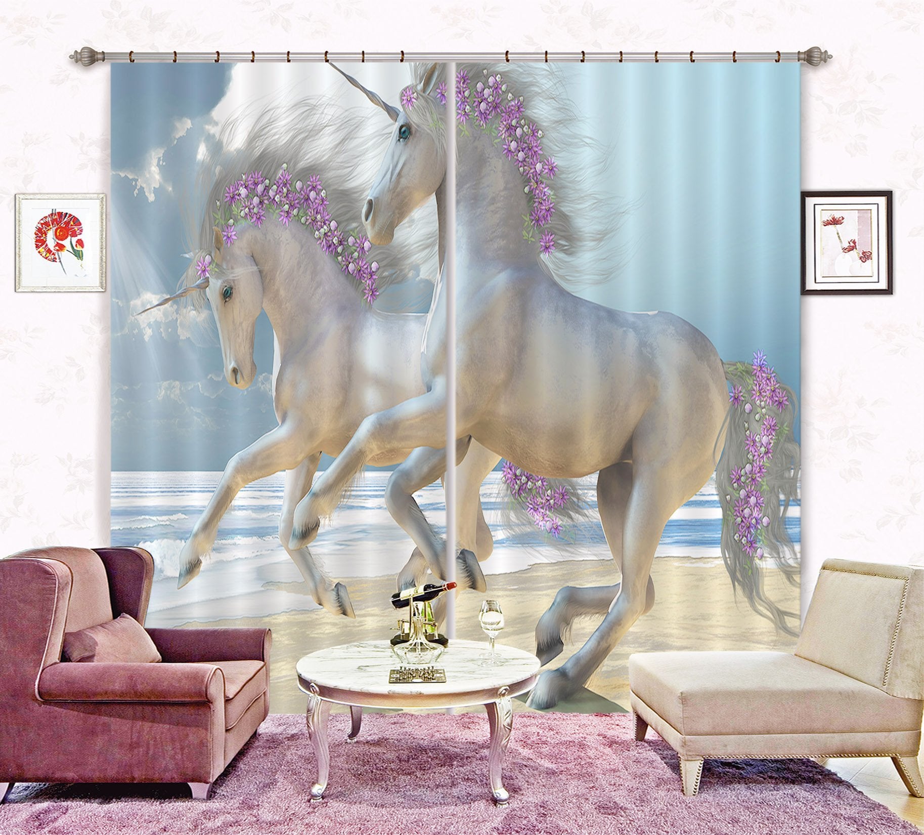 3D Flower Unicorns 098 Curtains Drapes Curtains AJ Creativity Home