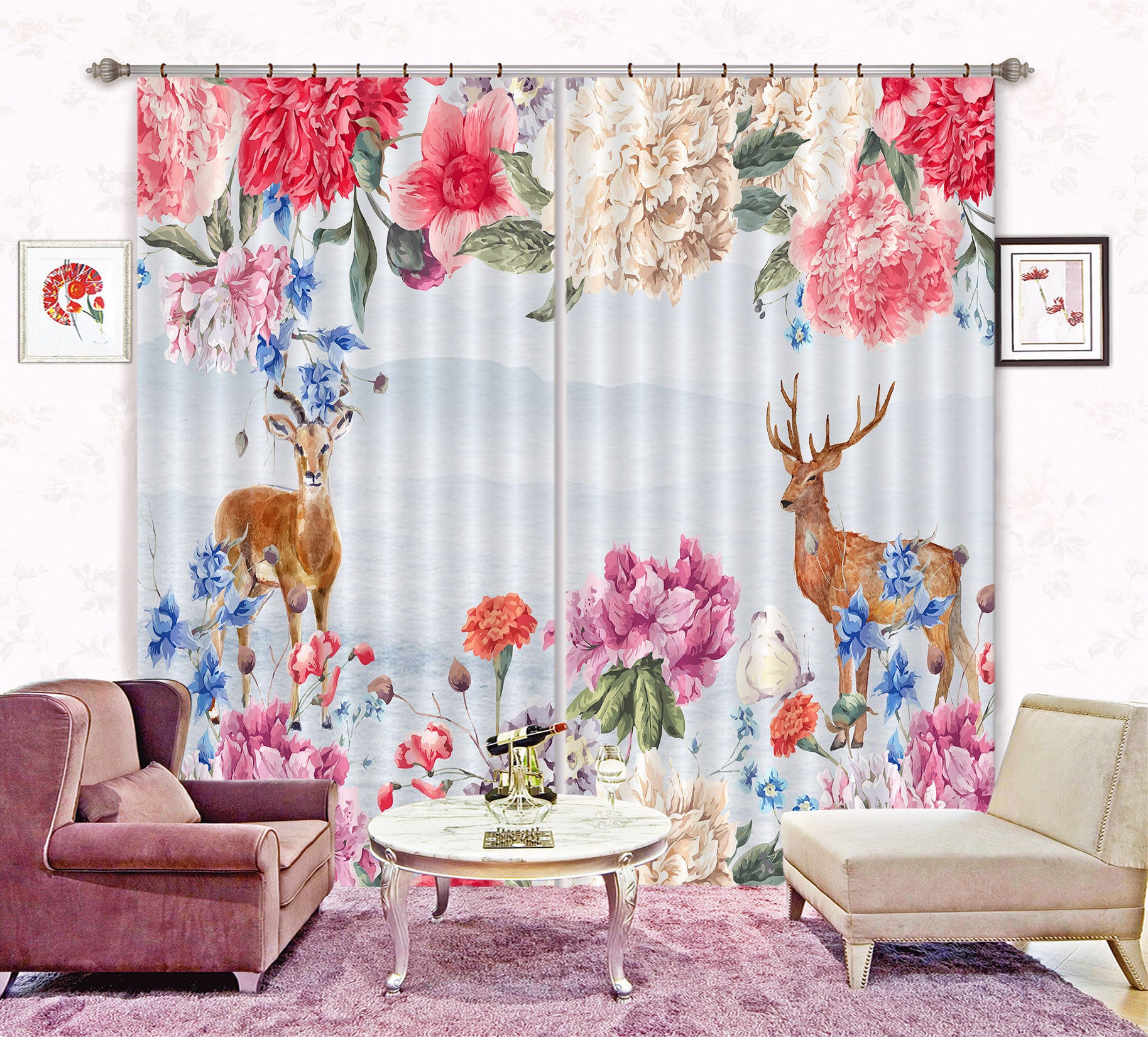 3D Flower Deer 863 Curtains Drapes