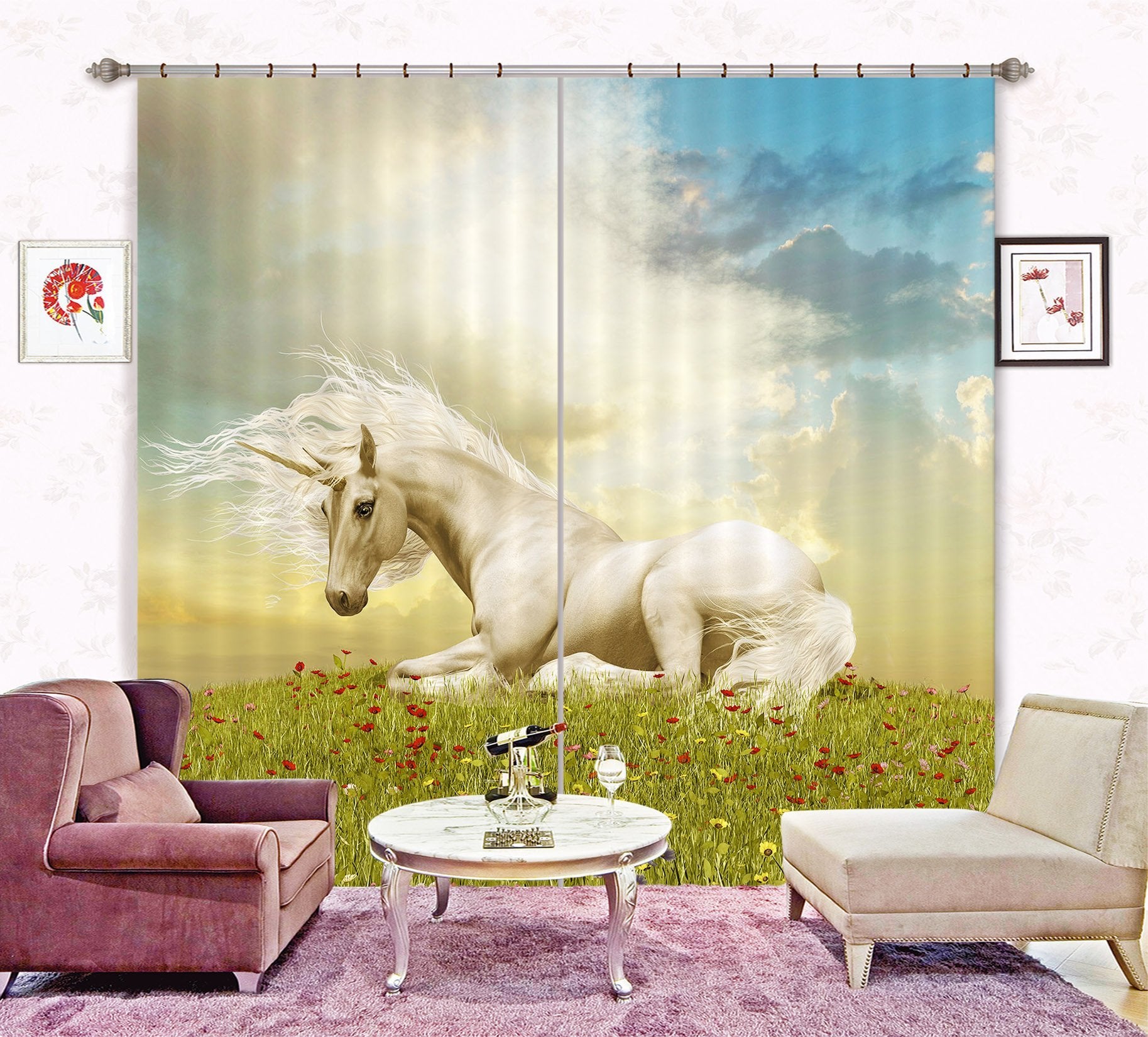 3D Red Flower Rest Unicorns 119 Curtains Drapes Curtains AJ Creativity Home