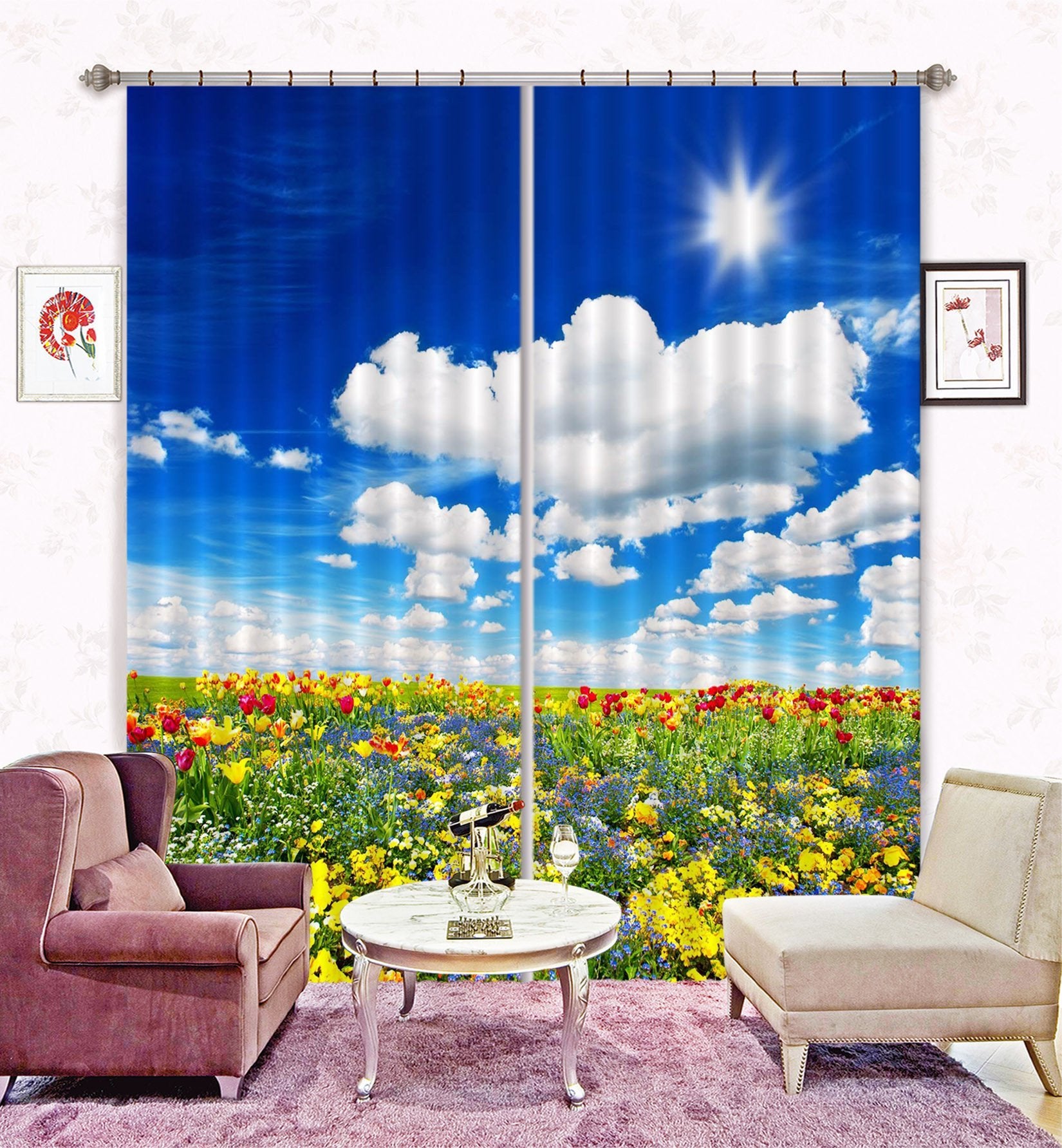 3D Flowers Field White Clouds Curtains Drapes Wallpaper AJ Wallpaper