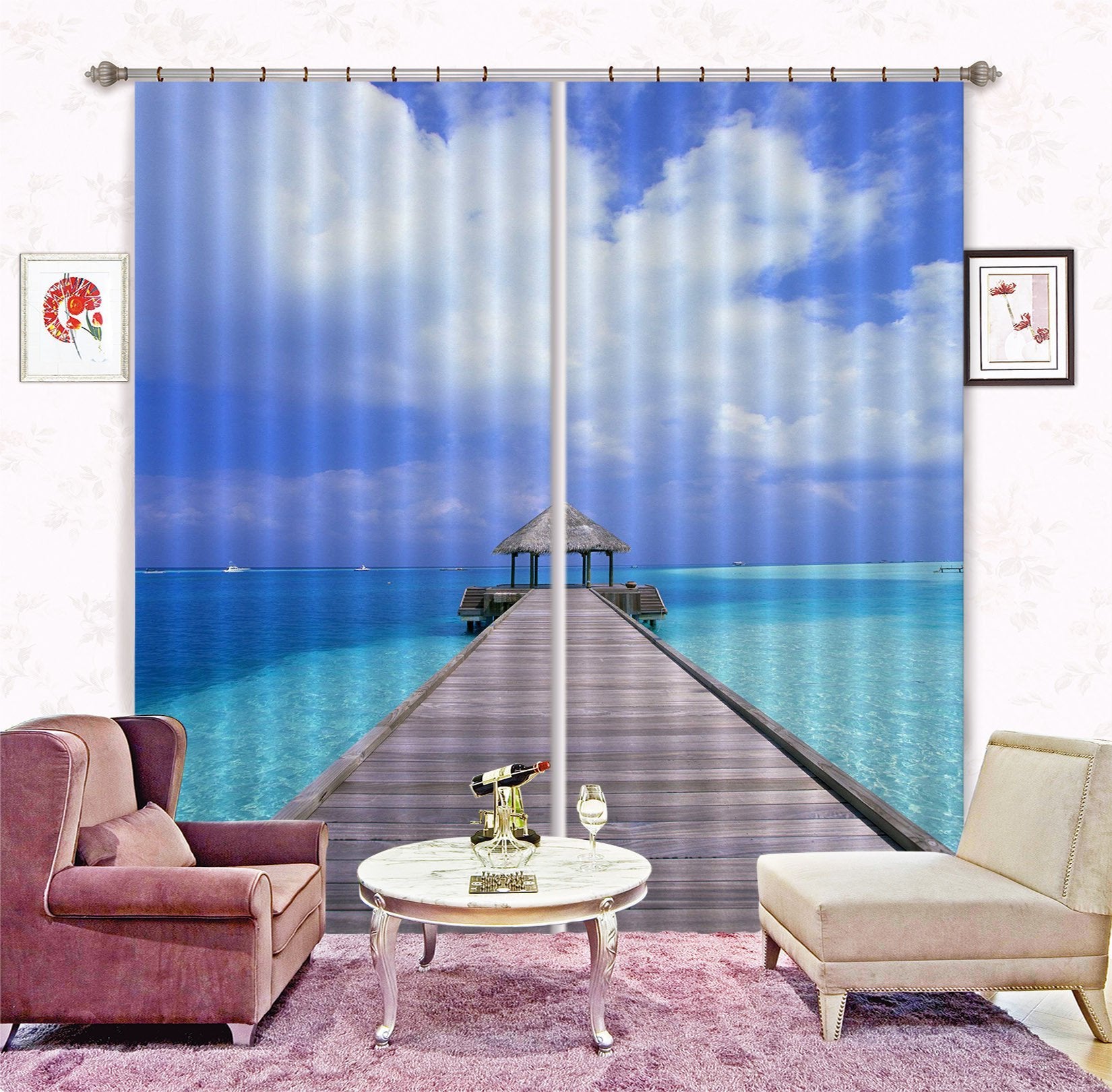 3D Sea Bridge Pavilion 232 Curtains Drapes Wallpaper AJ Wallpaper