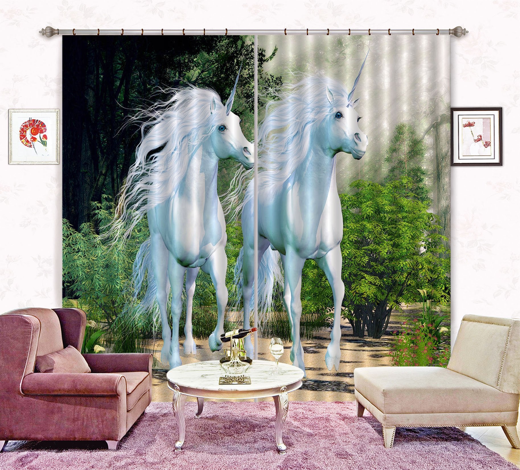 3D Sunlight Unicorns 105 Curtains Drapes Curtains AJ Creativity Home