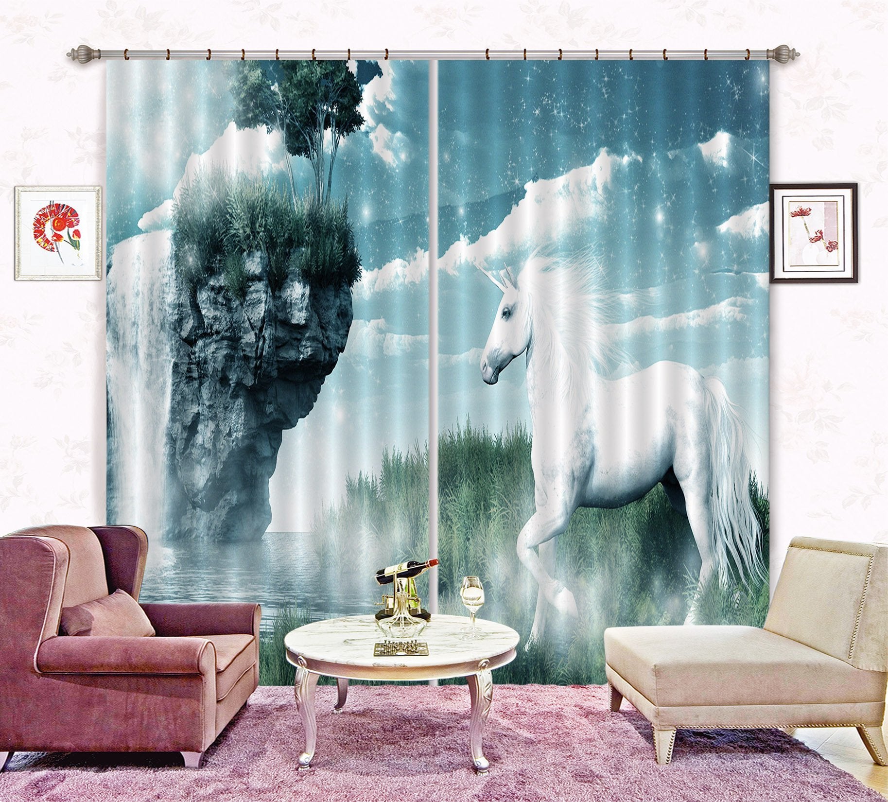 3D Waterfall Unicorns 104 Curtains Drapes Curtains AJ Creativity Home
