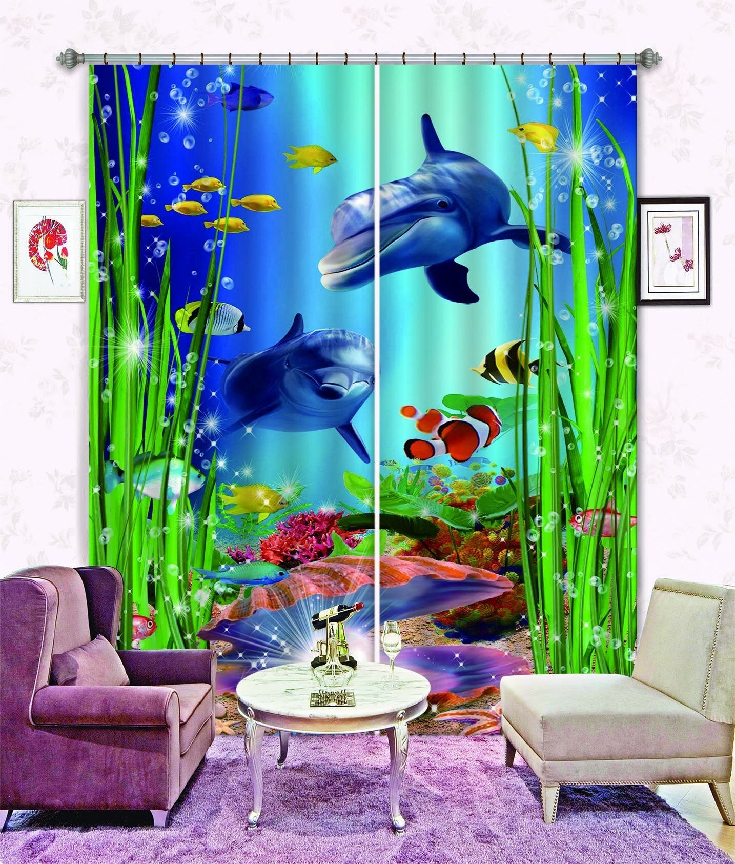 3D Seabed Dolphins And Shiny Pearl 724 Curtains Drapes Wallpaper AJ Wallpaper