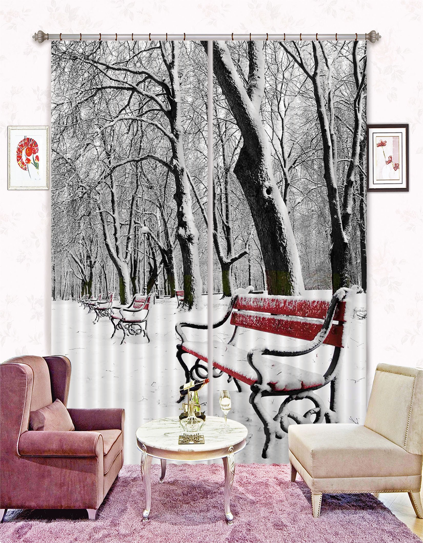 3D Snow Forest Benches 42 Curtains Drapes Wallpaper AJ Wallpaper