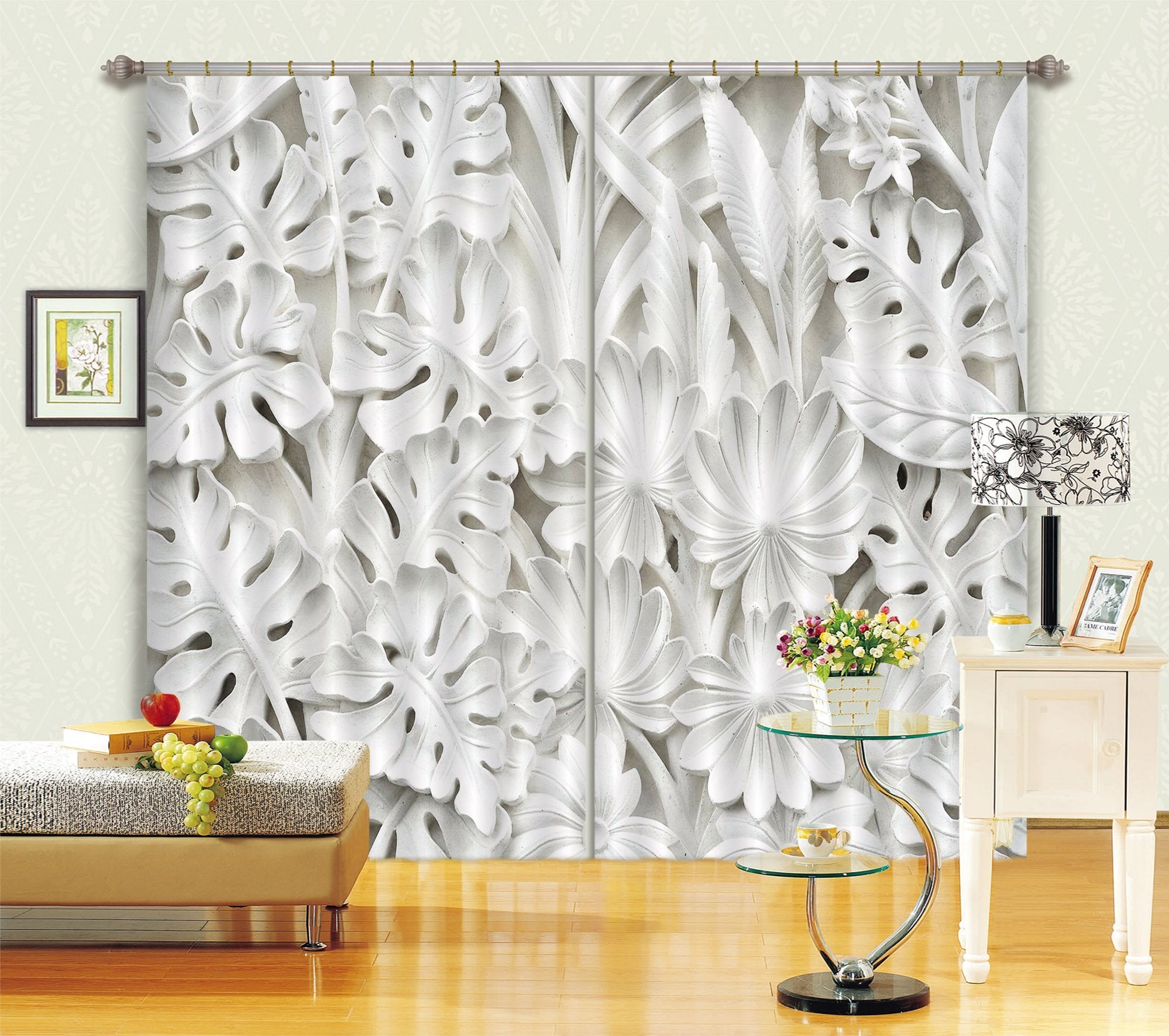 3D Carving Leaves 065 Curtains Drapes Curtains AJ Creativity Home