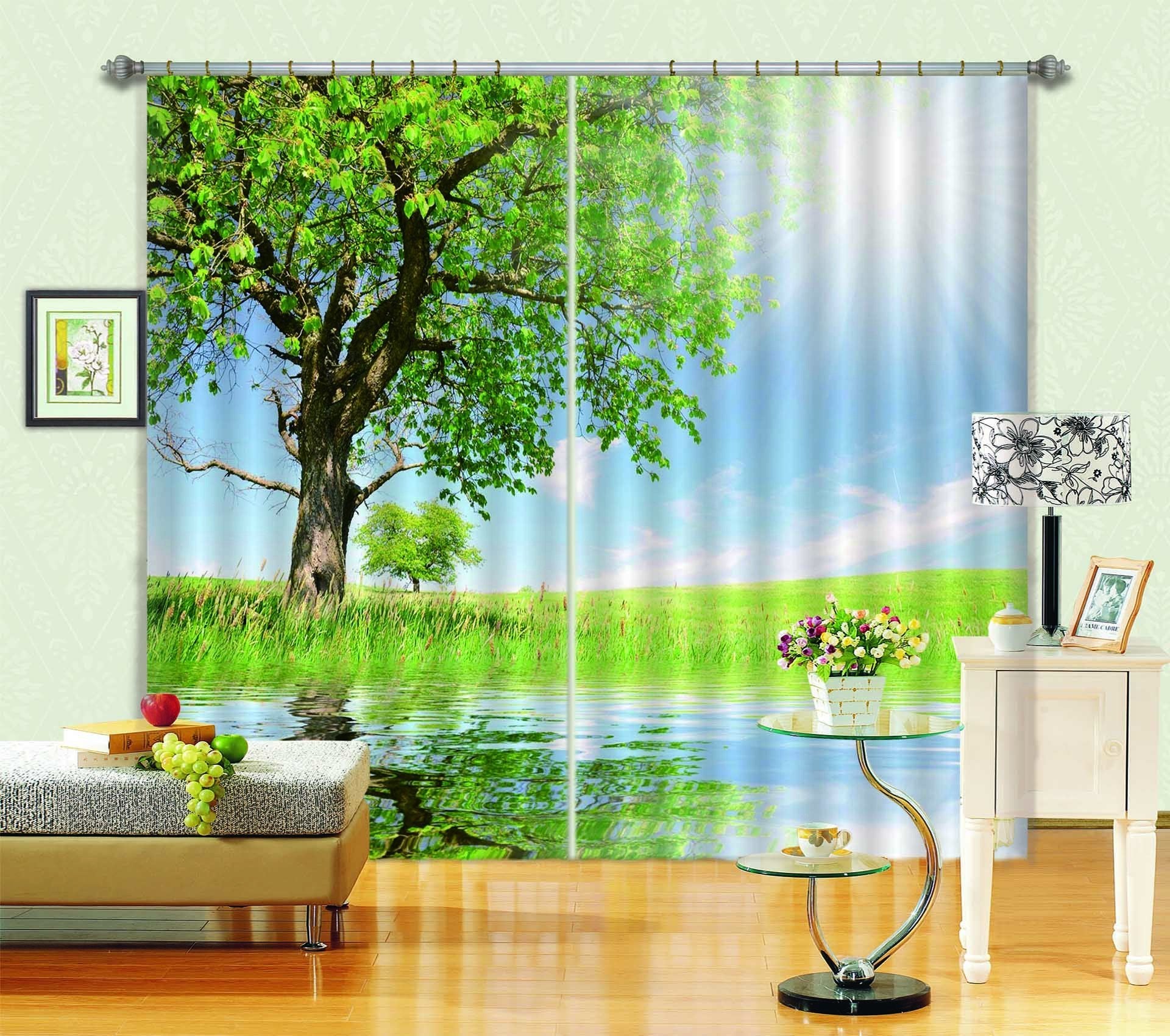 3D Lakeside Grassland Tree 825 Curtains Drapes Wallpaper AJ Wallpaper