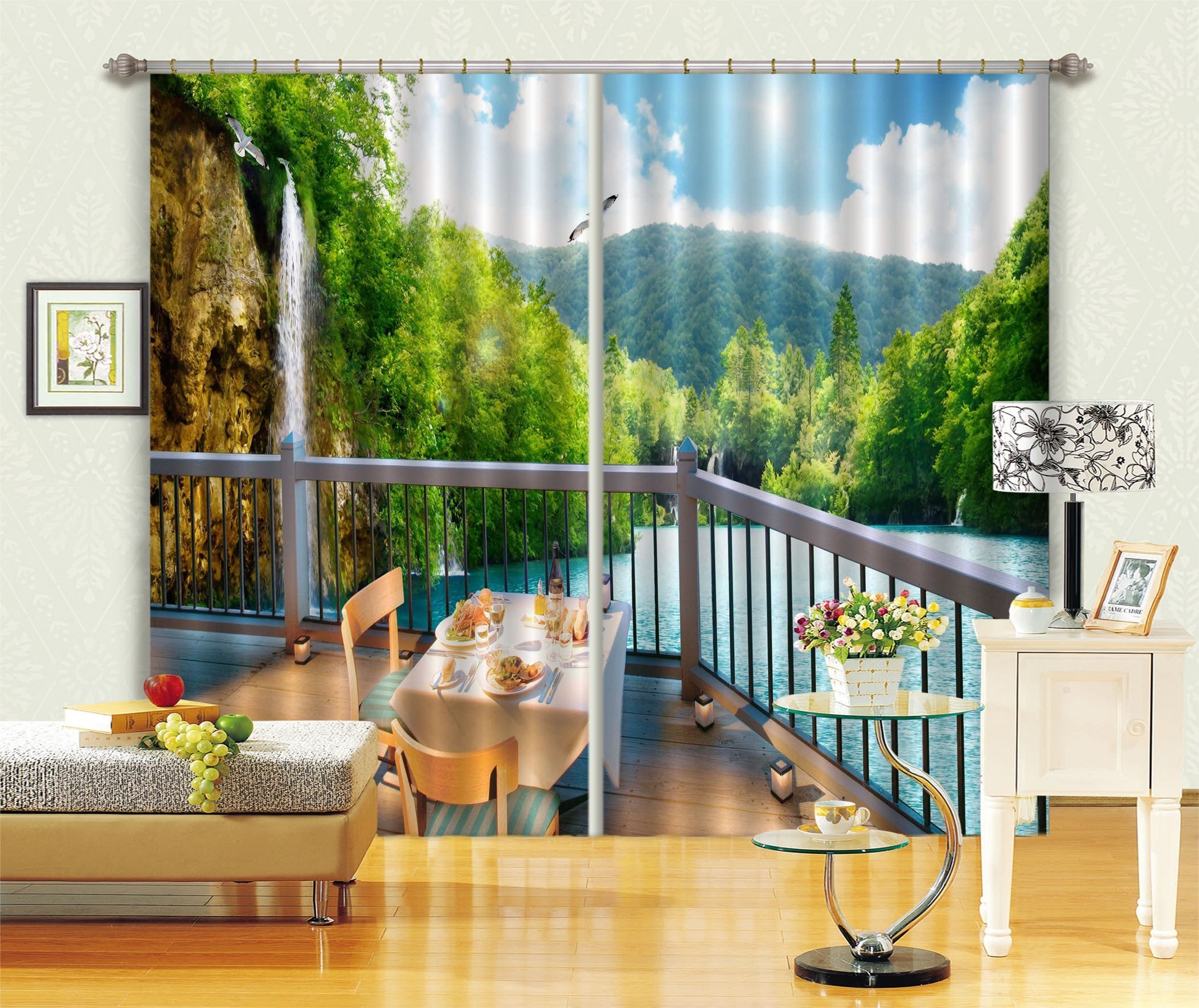 3D Balcony Lake Scenery Curtains Drapes Wallpaper AJ Wallpaper