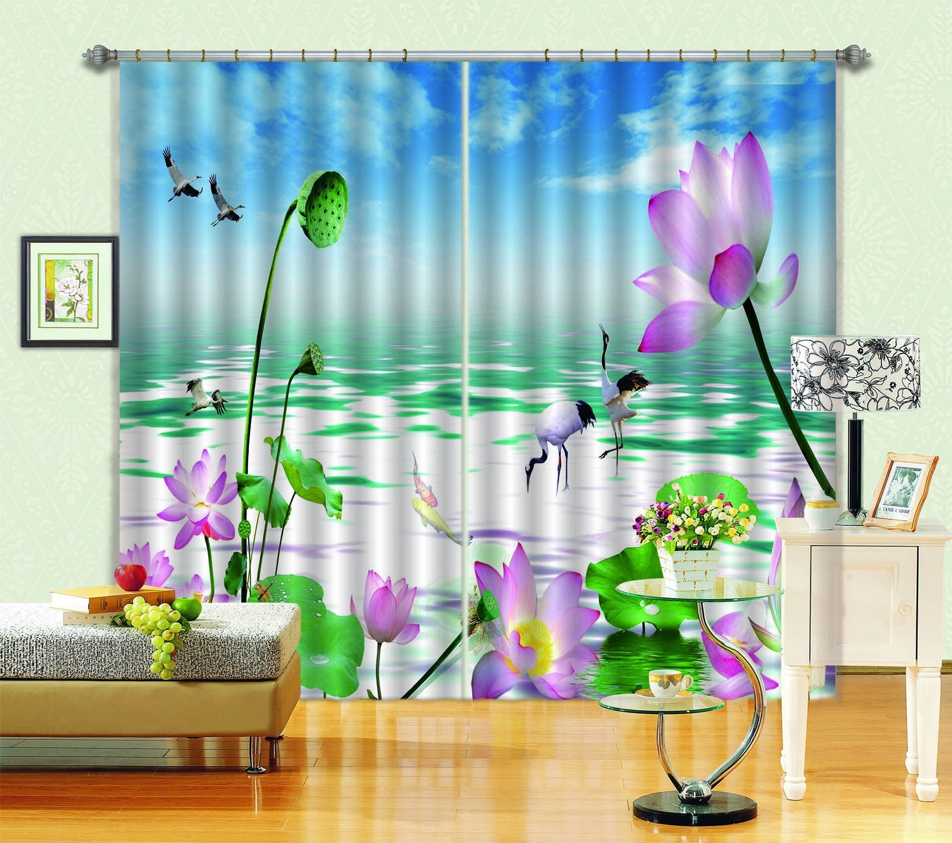 3D Sea Flowers Cranes 822 Curtains Drapes Wallpaper AJ Wallpaper