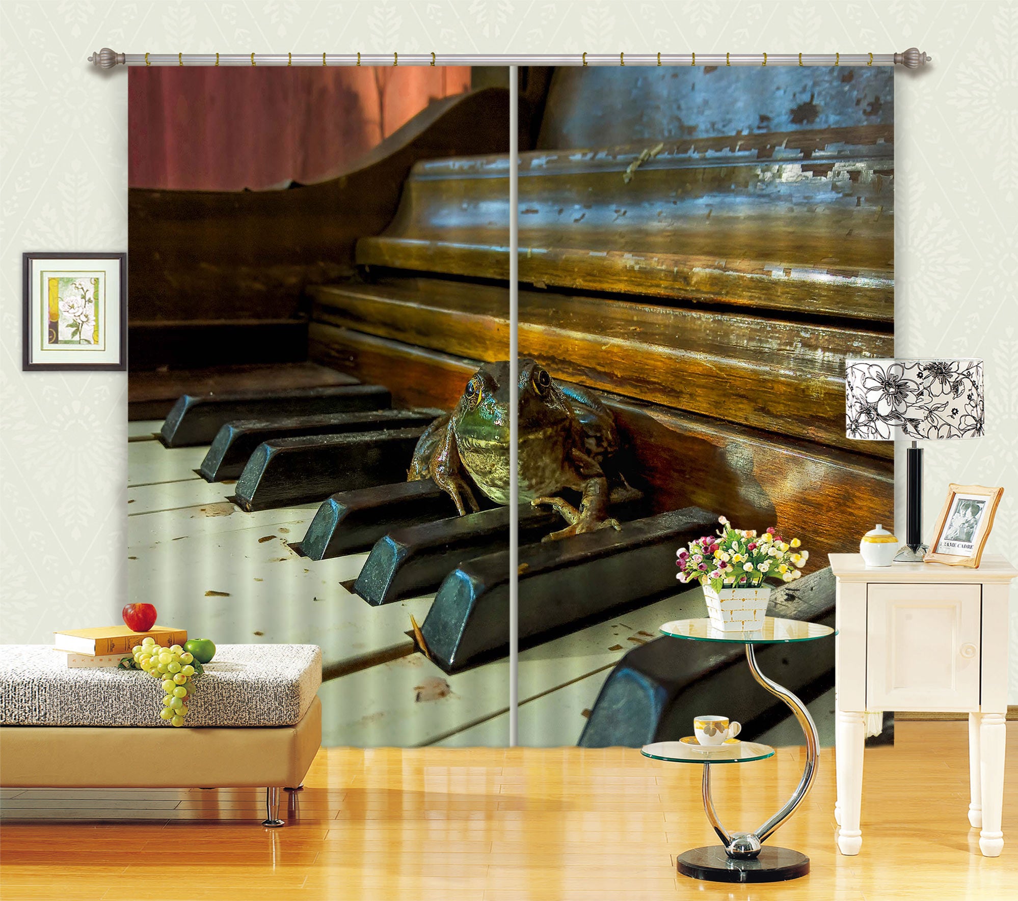 3D Piano Frog 029 Jerry LoFaro Curtain Curtains Drapes
