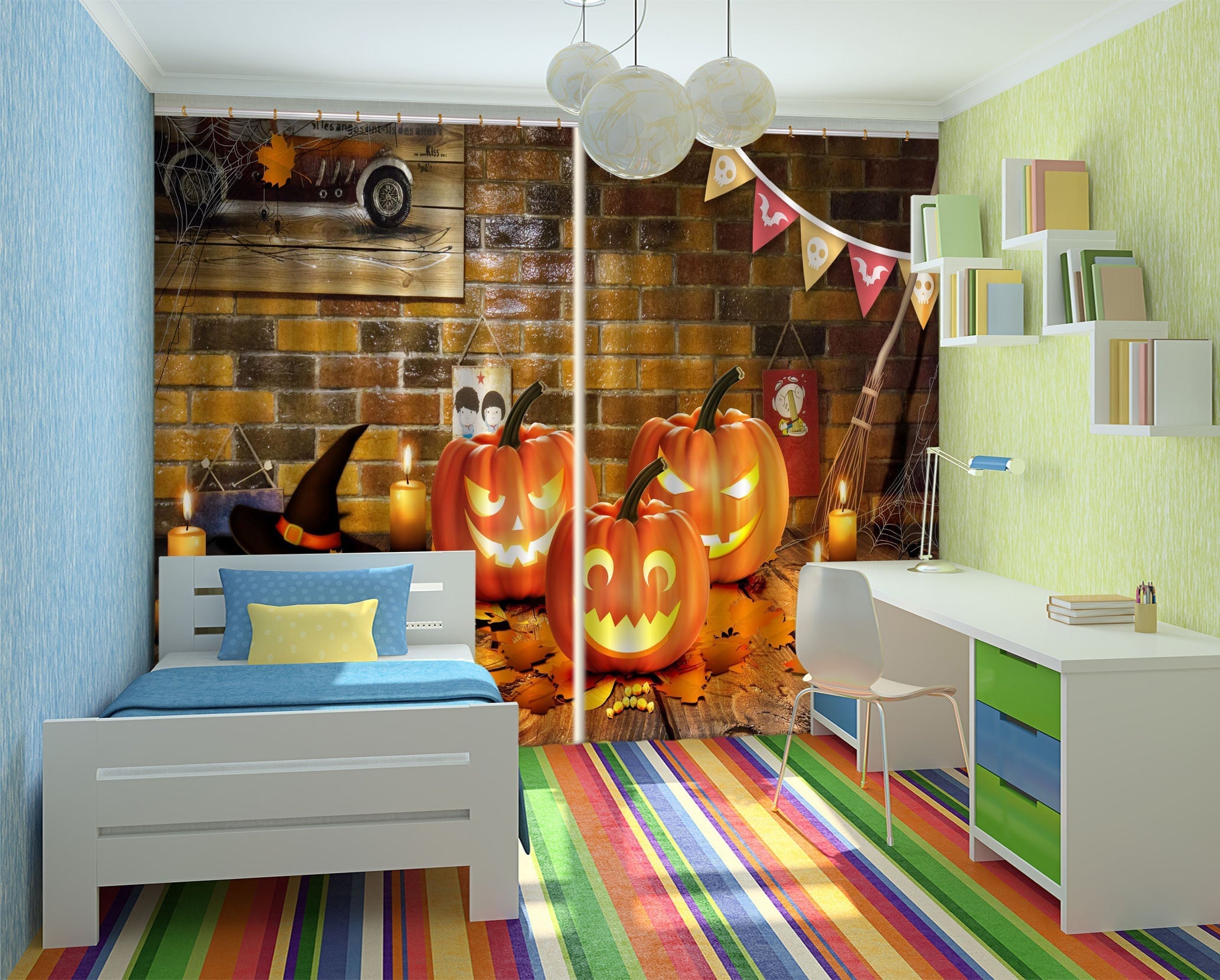 3D Candle Pumpkin 022 Halloween Curtains Drapes Curtains AJ Creativity Home