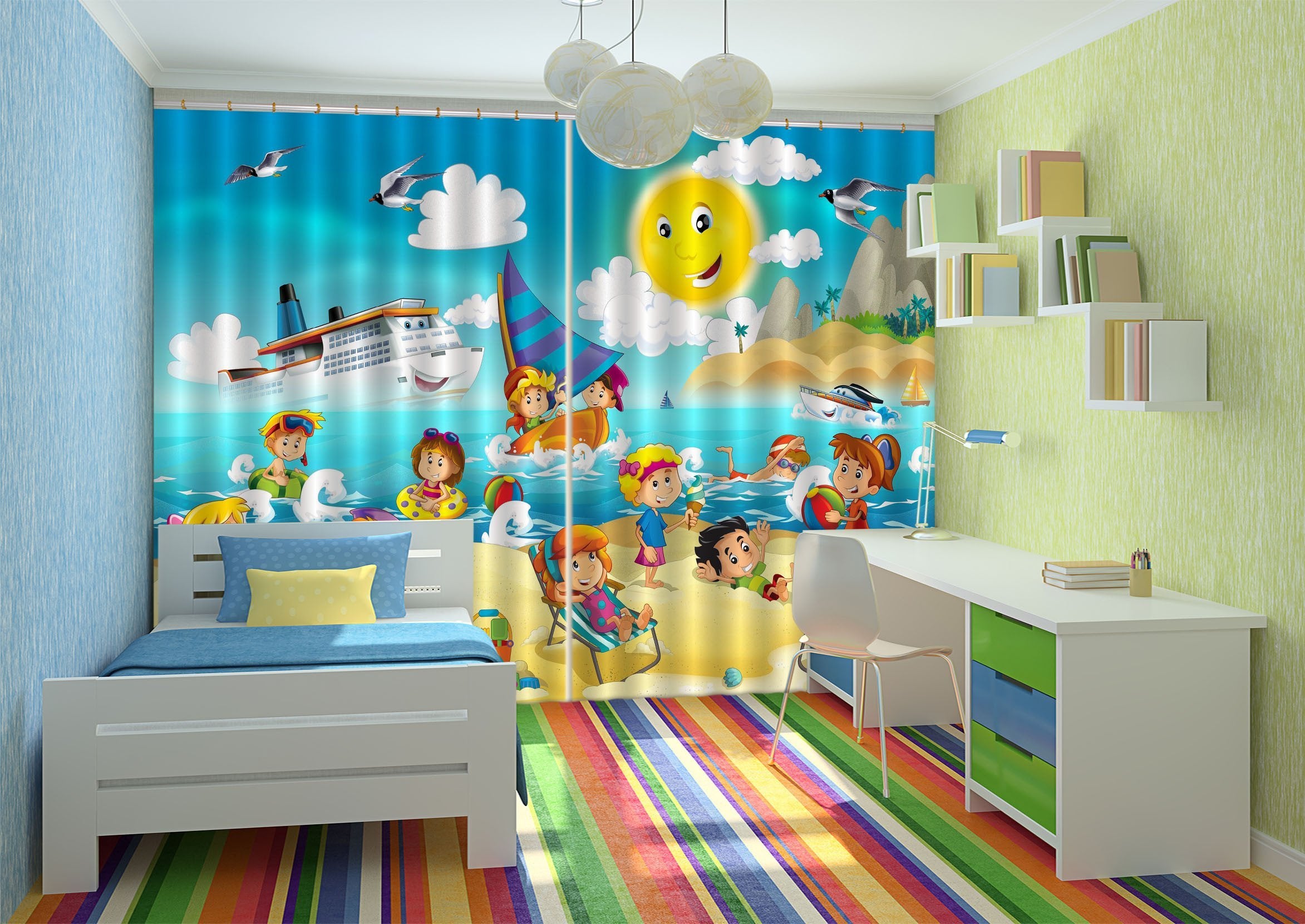3D Beach Happy Kids 617 Curtains Drapes Wallpaper AJ Wallpaper