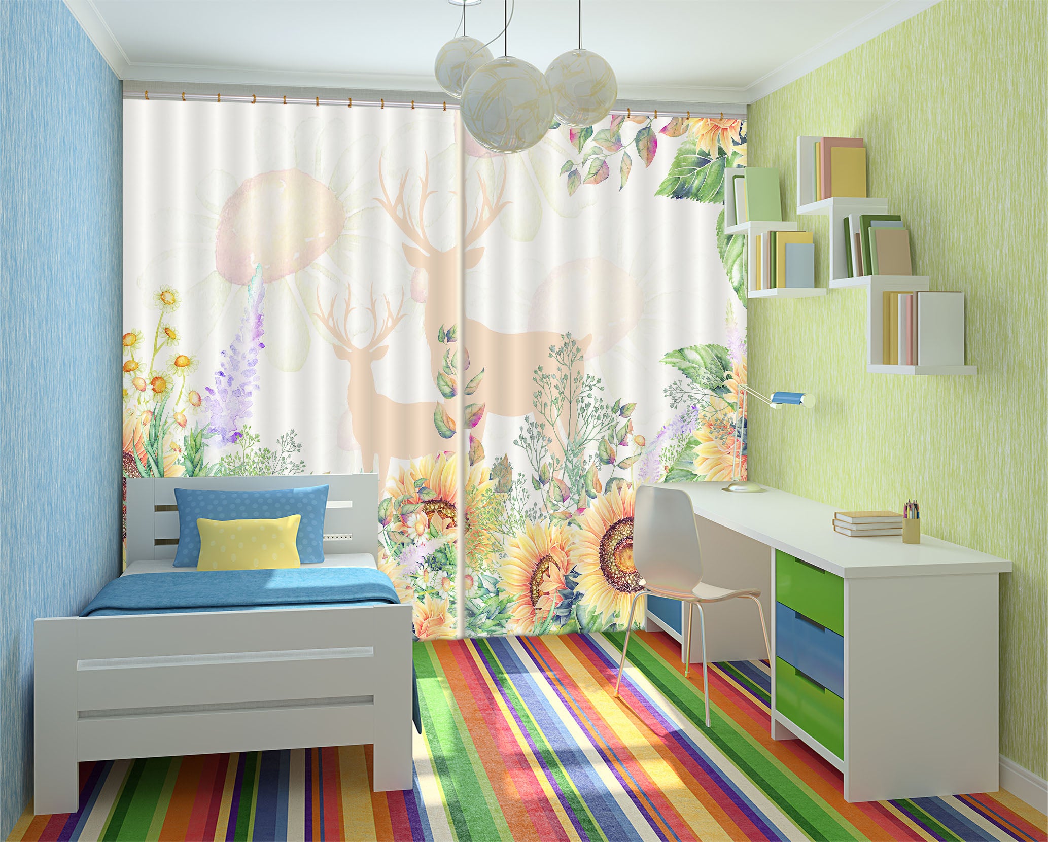 3D Flower Deer 859 Curtains Drapes