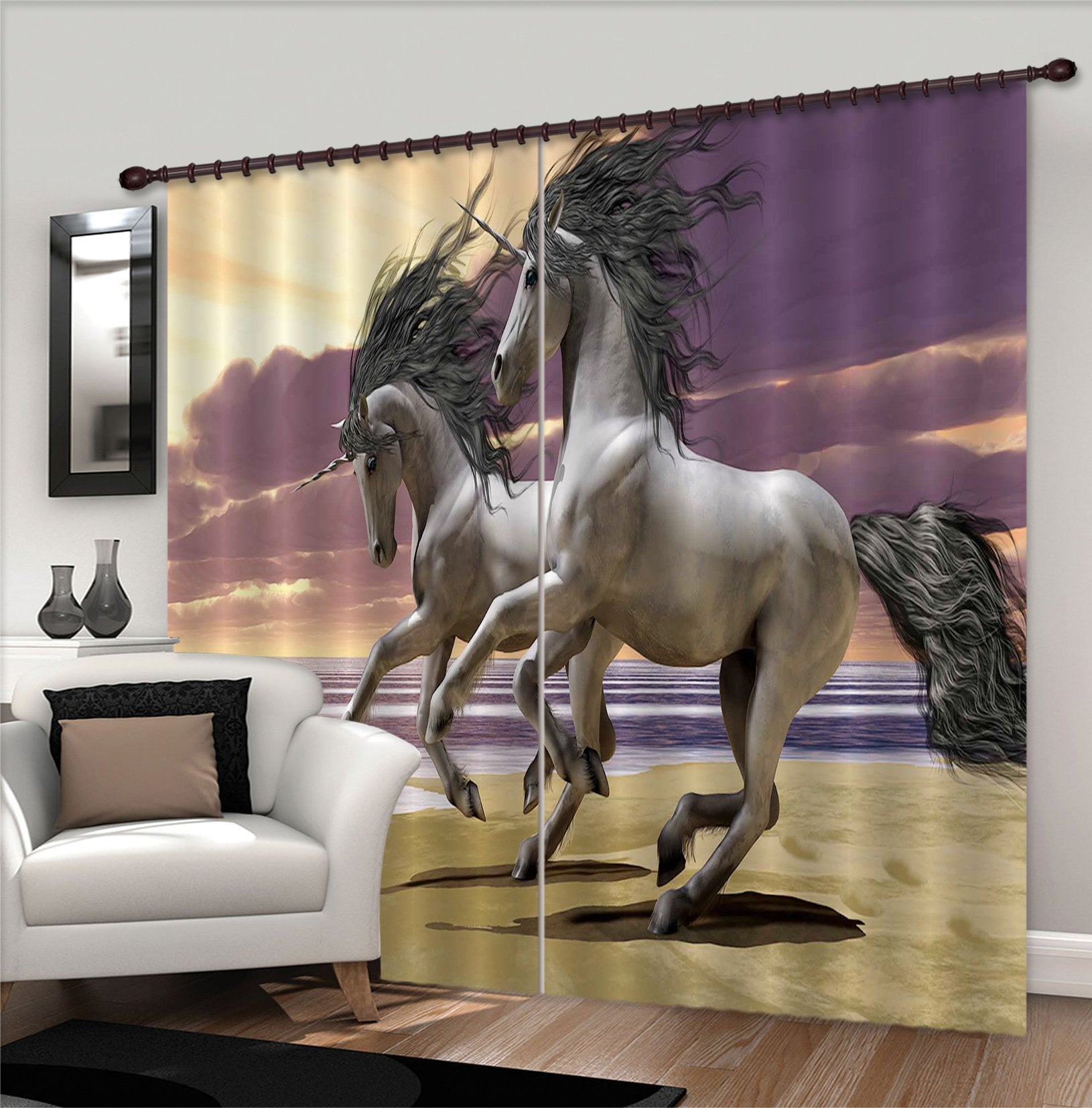 3D Seaside Flying Unicorns 097 Curtains Drapes Curtains AJ Creativity Home