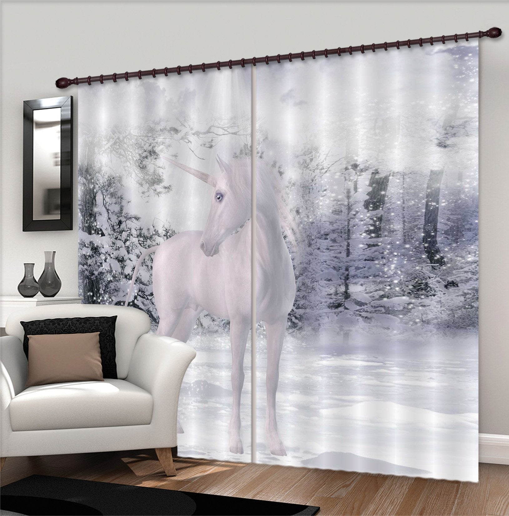 3D White Snow Unicorns 122 Curtains Drapes Curtains AJ Creativity Home