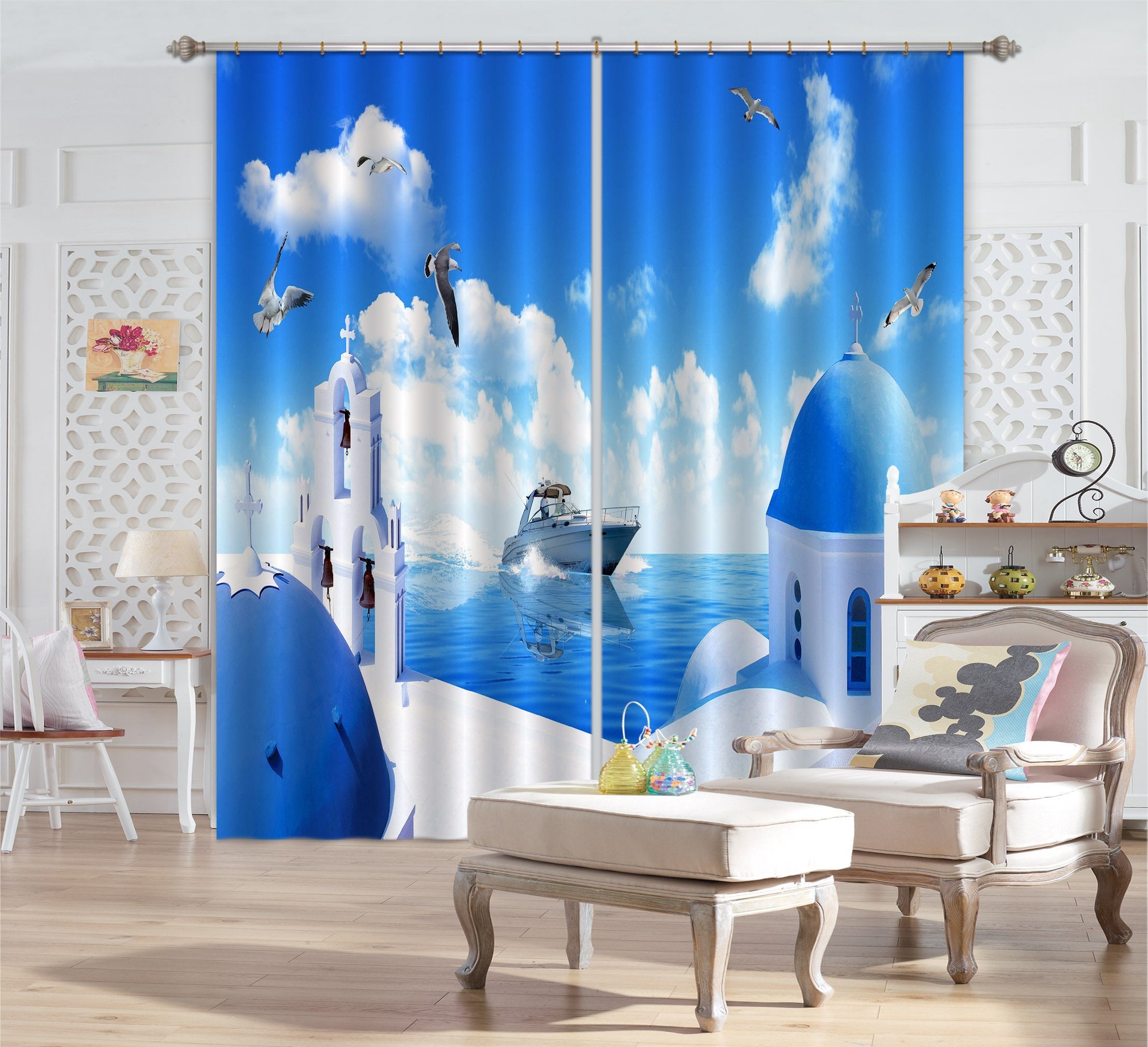 3D Sea Yacht Seagulls Church 714 Curtains Drapes Wallpaper AJ Wallpaper